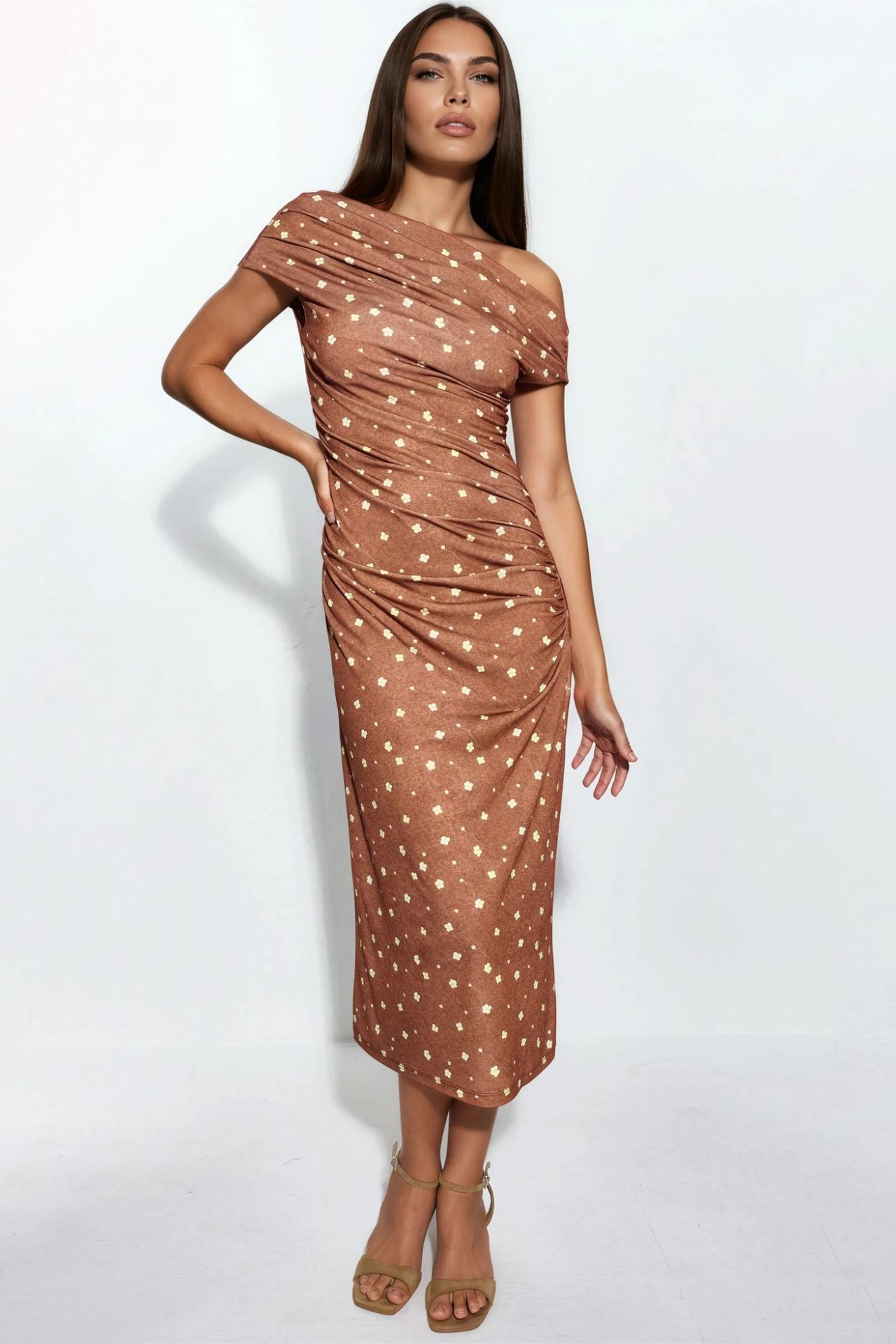 Asymmetric Neck Floral Midi Dress 3