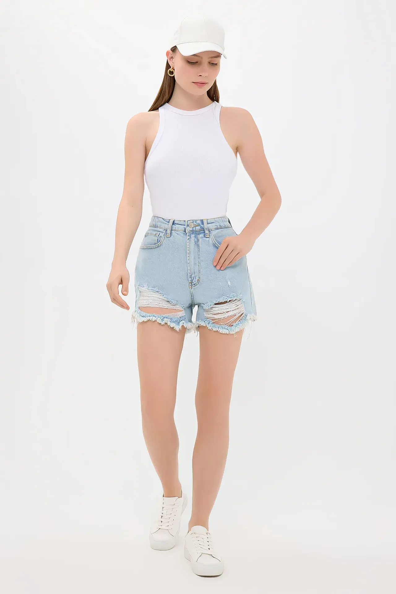 High-Waist Ripped Denim Mini Shorts