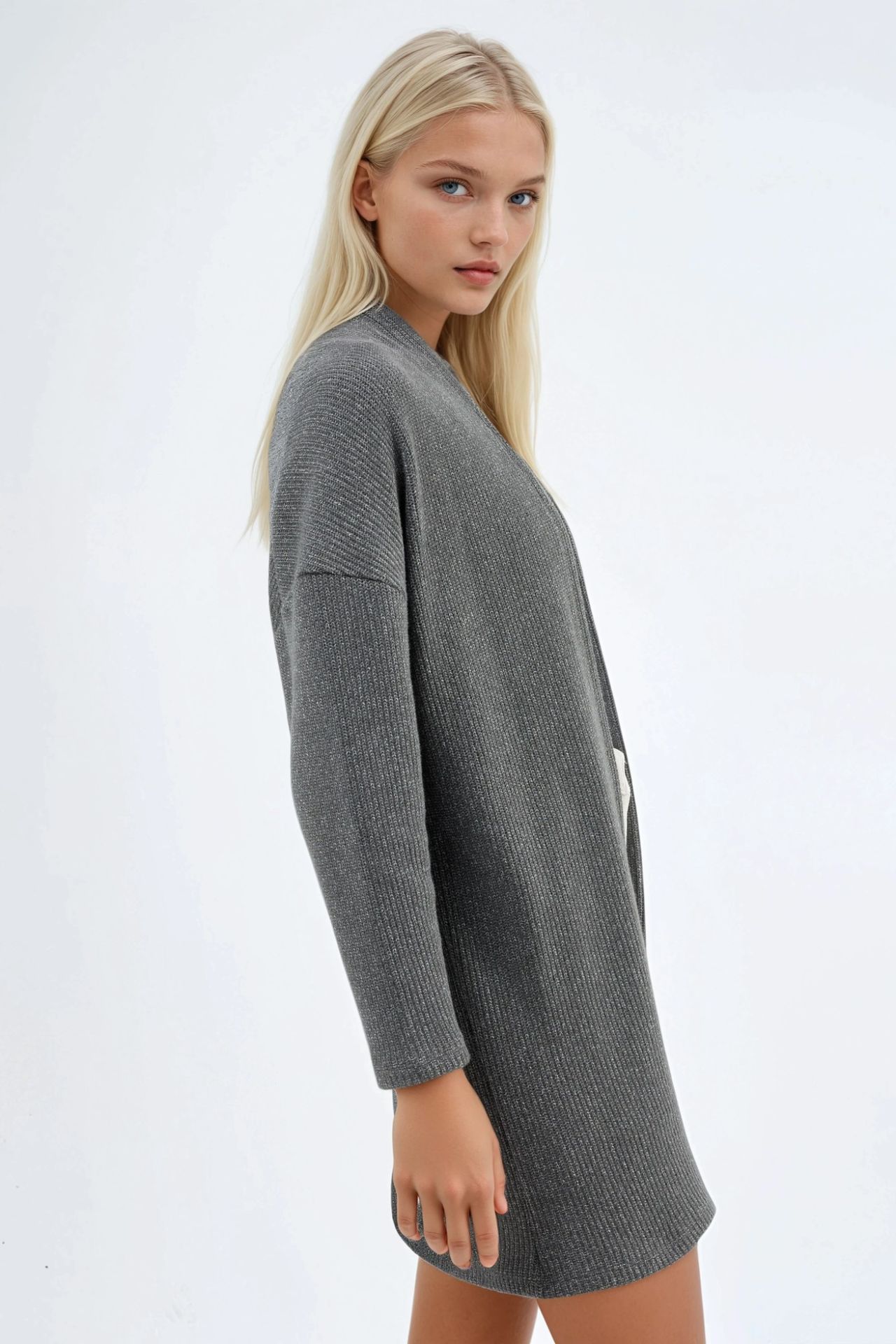 BUSEM Long Ribbed Knit Cardigan with Open Collar 2