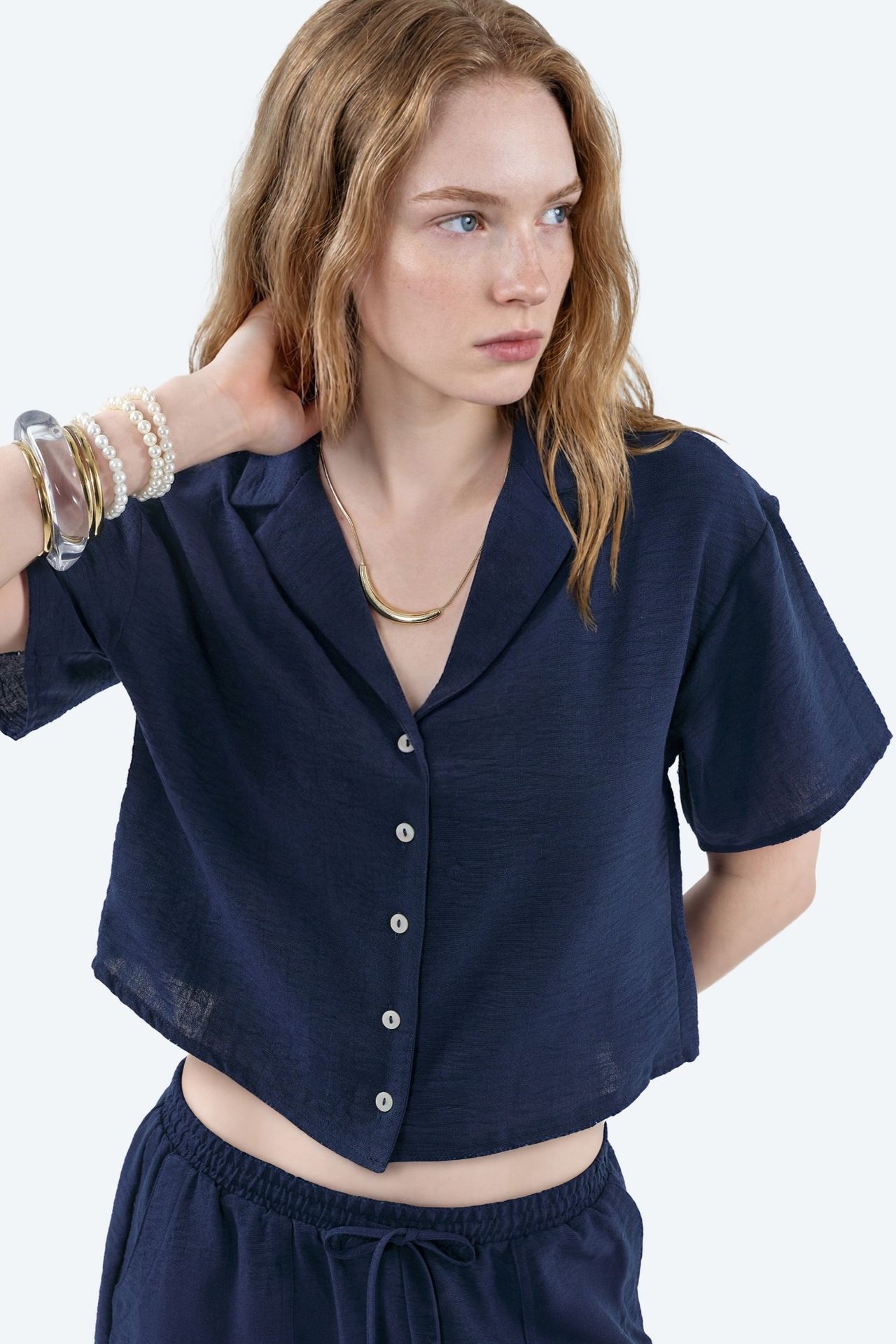 BUSEM Textured Crop Shirt with Button Closure 1