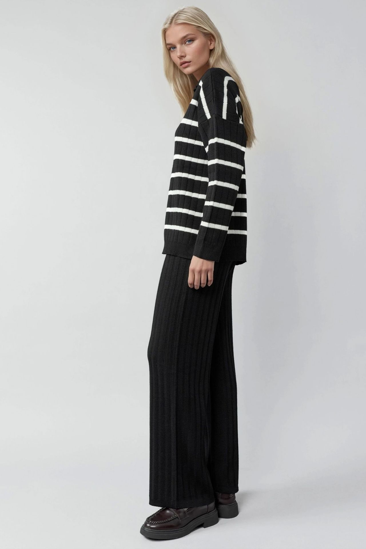 MY FASHION Striped Knit Co-ord Set with Polo Collar 2
