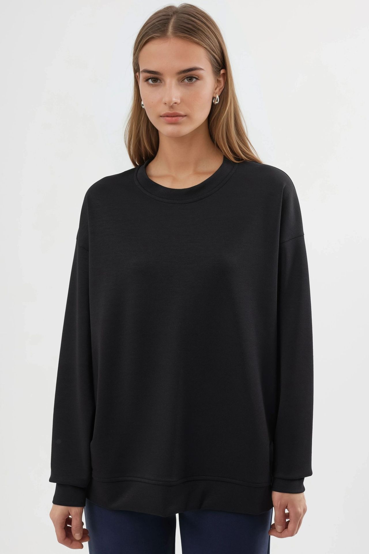 BUSEM Rahat Kesim Bisiklet Yaka Örme Sweatshirt 7