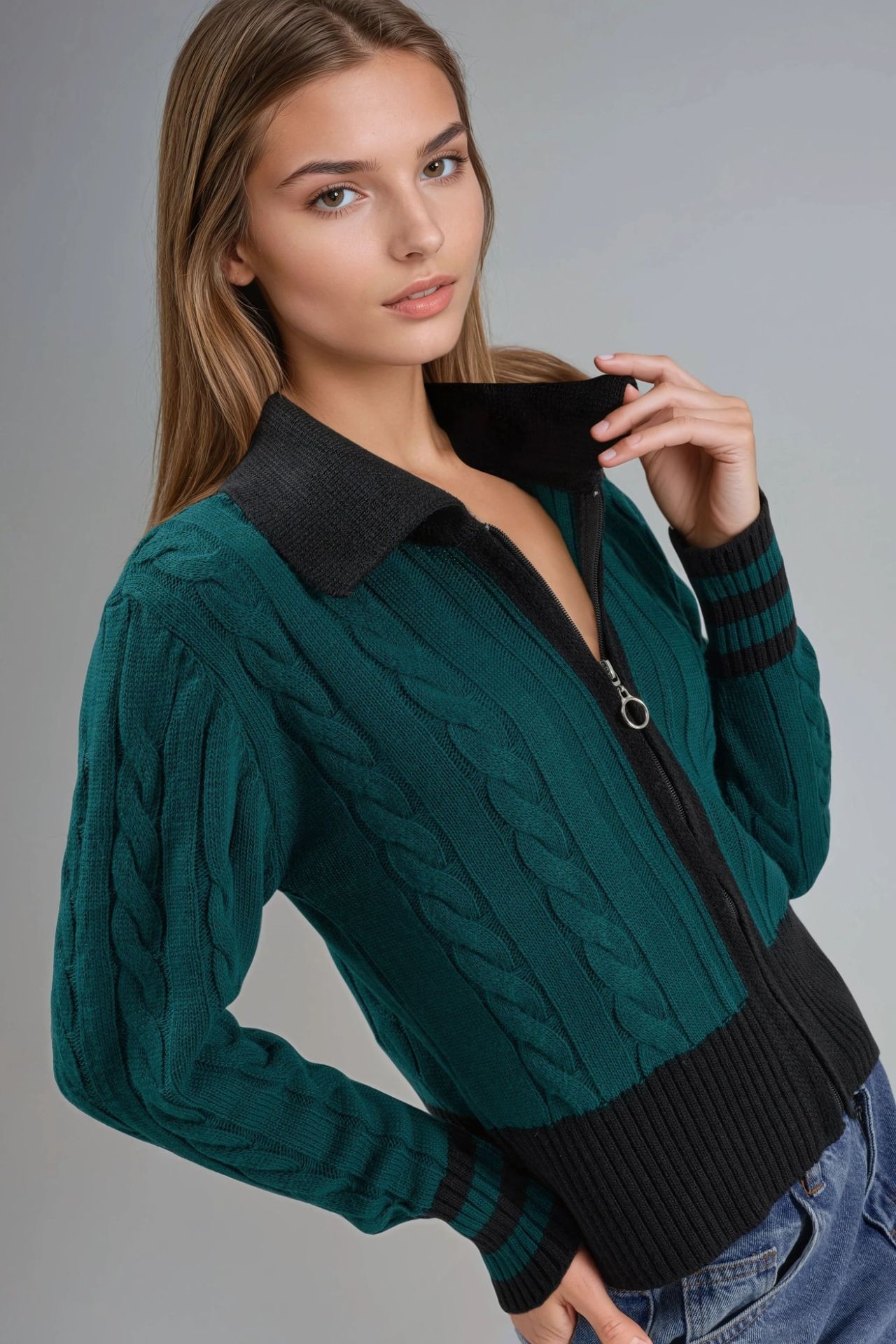MY FASHION Polo Neck Zippered Cardigan 4