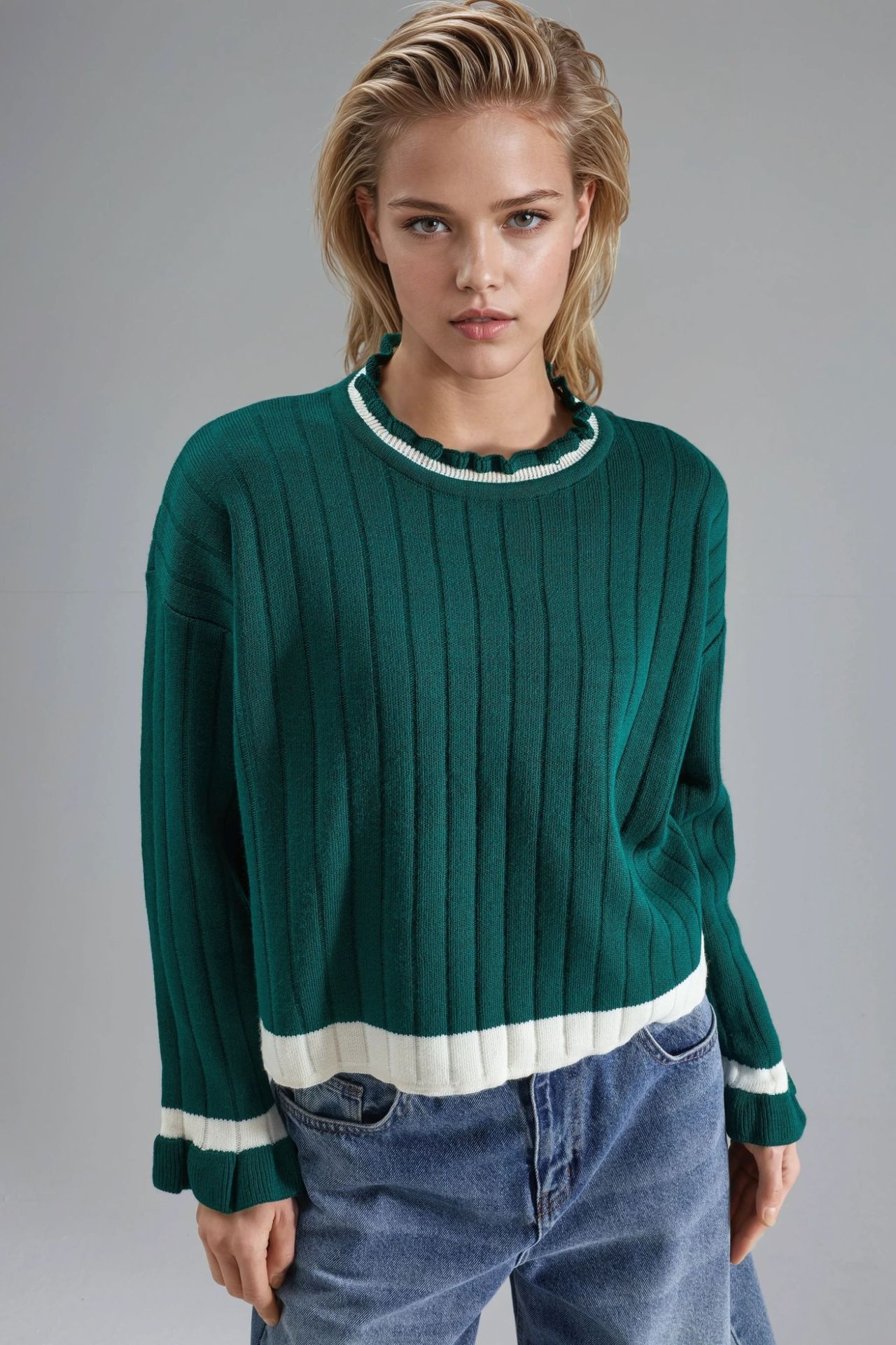 MY FASHION Striped Knit Sweater with Crew Neck 7