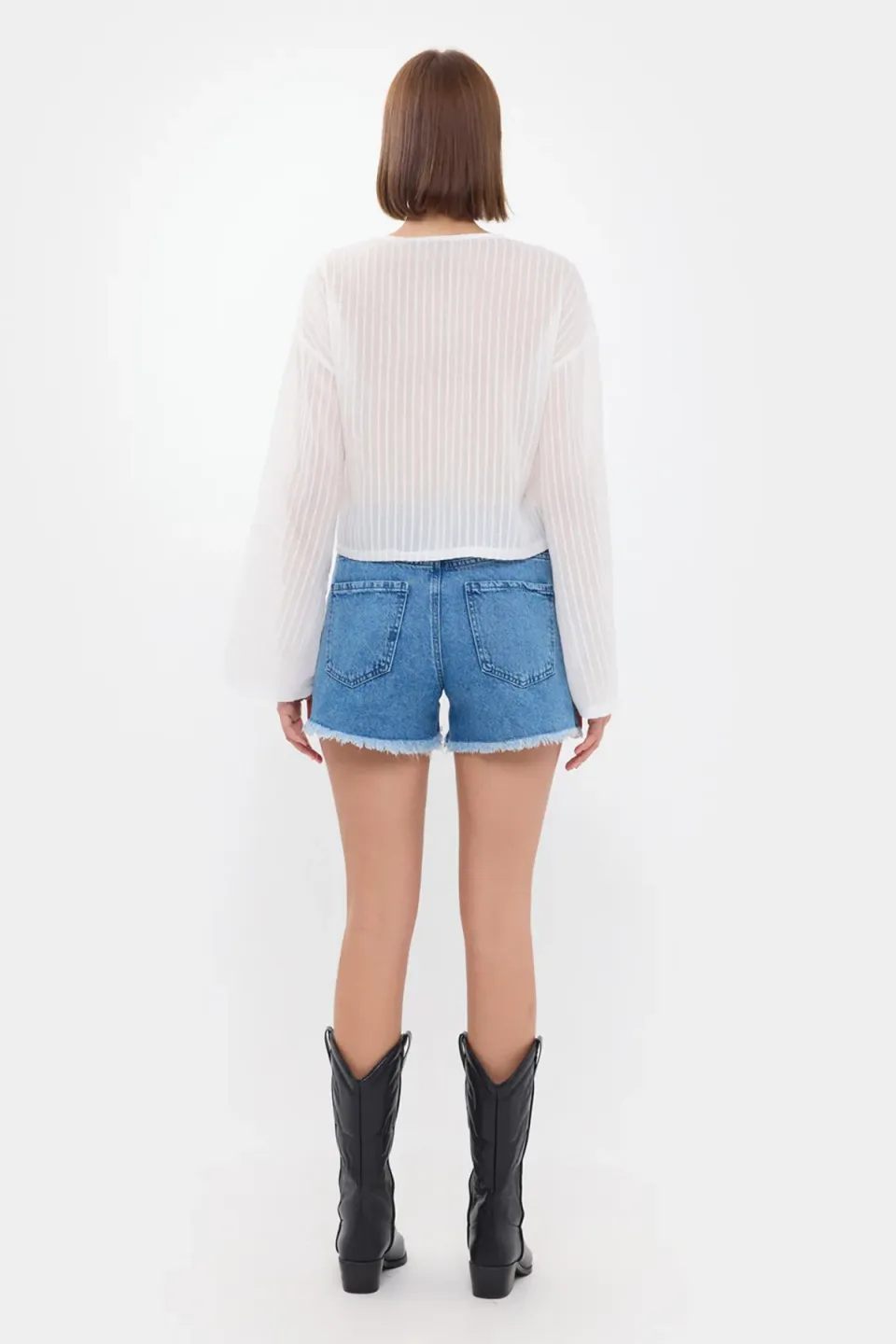 Striped Mesh V-Neck Blouse with Tie-Front