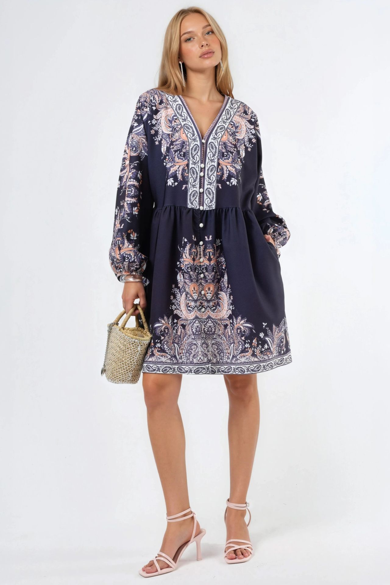MSN Belted Mini Dress with V-Neck in Paisley 1