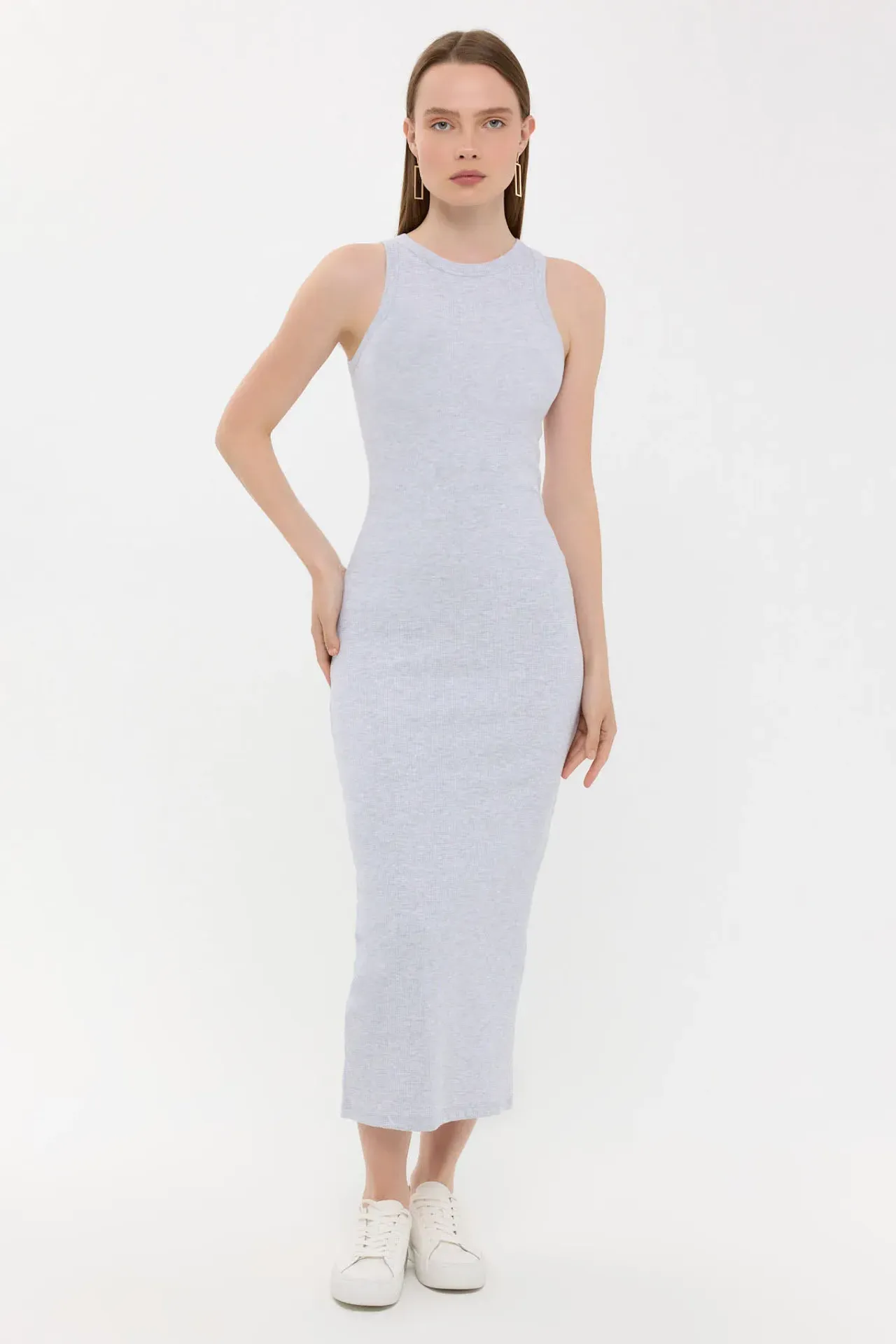 Ribbed Round Neck Maxi Dress with Slit