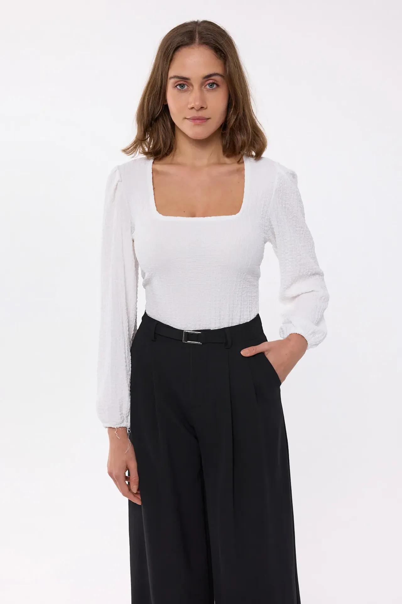 Square-Neck Woven Long Sleeve Top