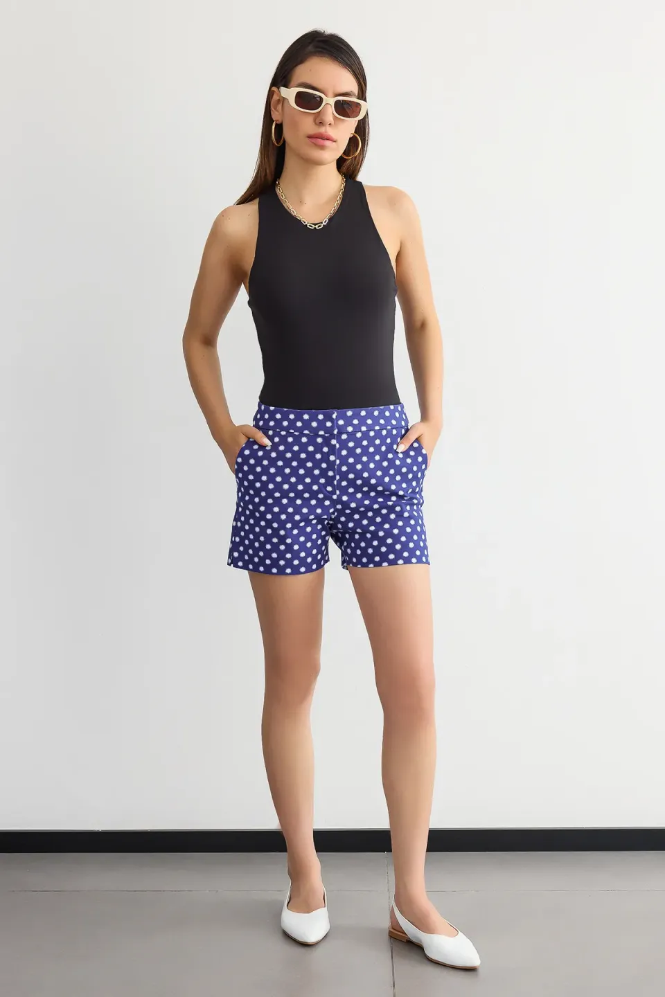 Checked High-Waist Elastic Waist Shorts