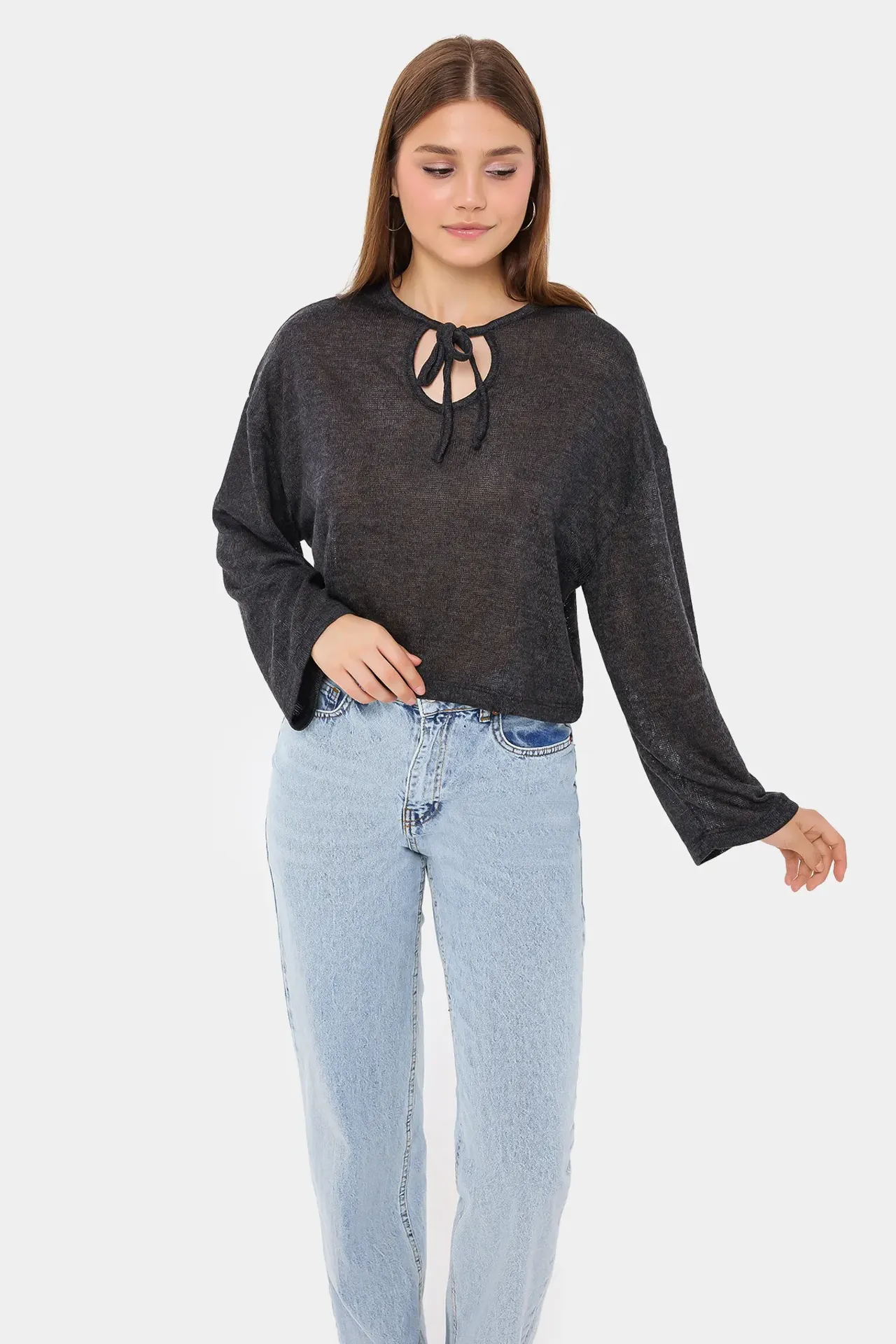 Knitted Loose Fit Round Neck Blouse with Tie-Up Detail