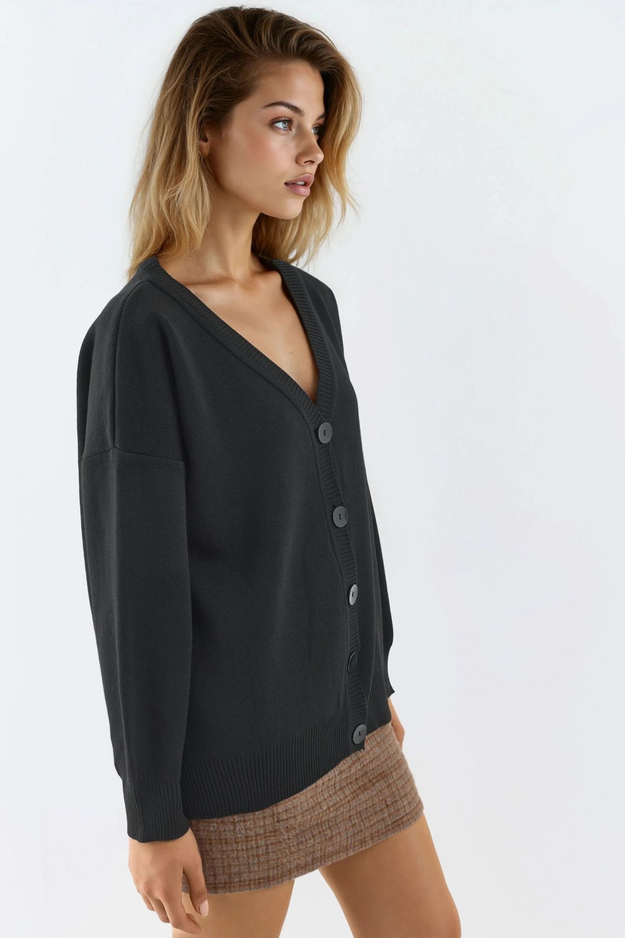 MY FASHION Oversized Ribbed V-Neck Button Cardigan