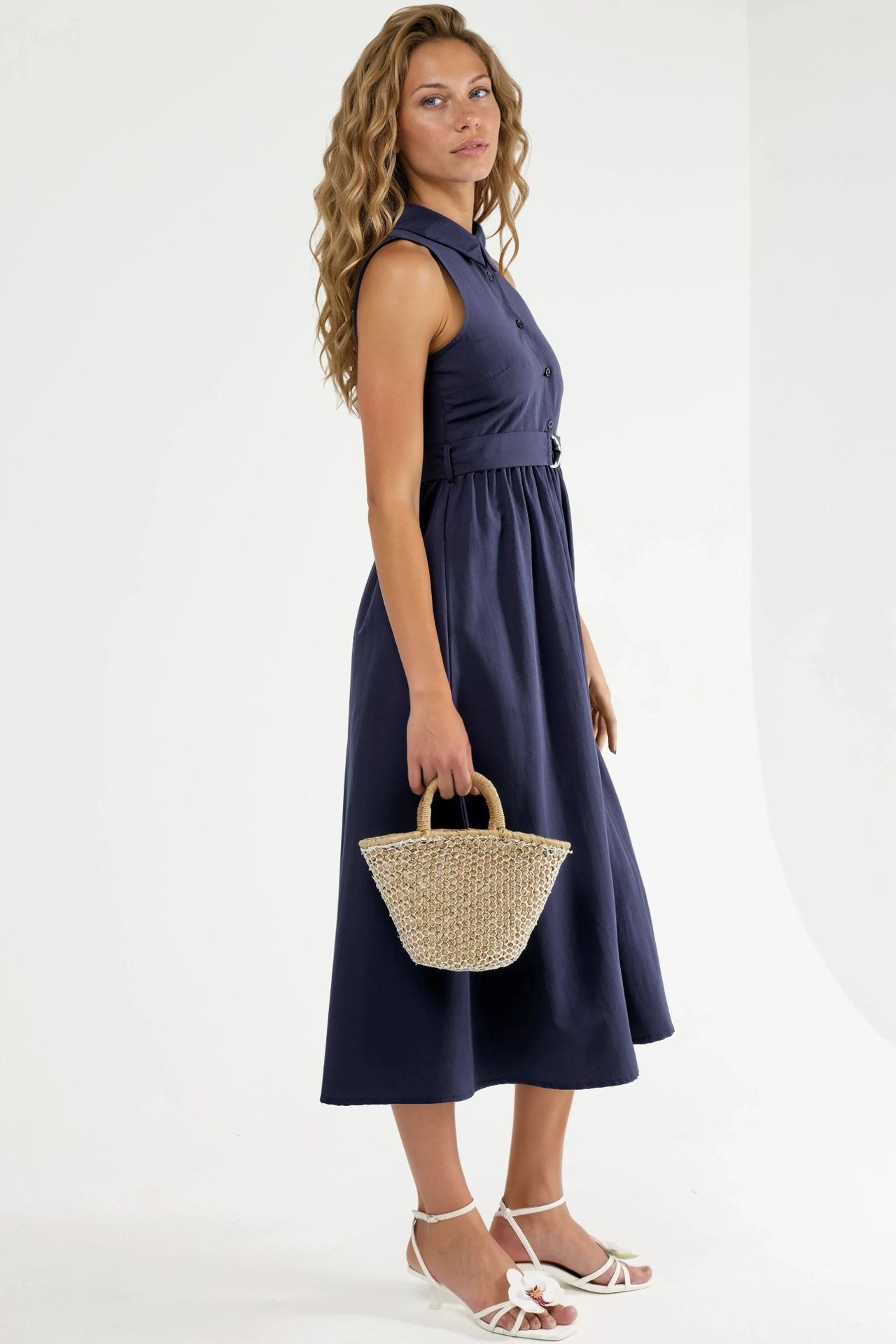 BUSEM Belted Shirt Collar Midi Dress