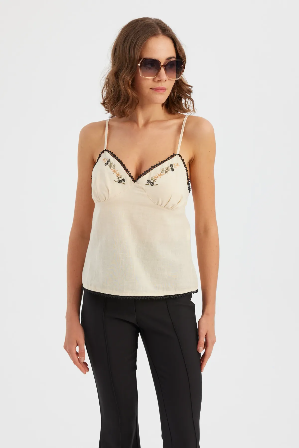 Embroidered V-Neck Sleeveless Cotton Top 2