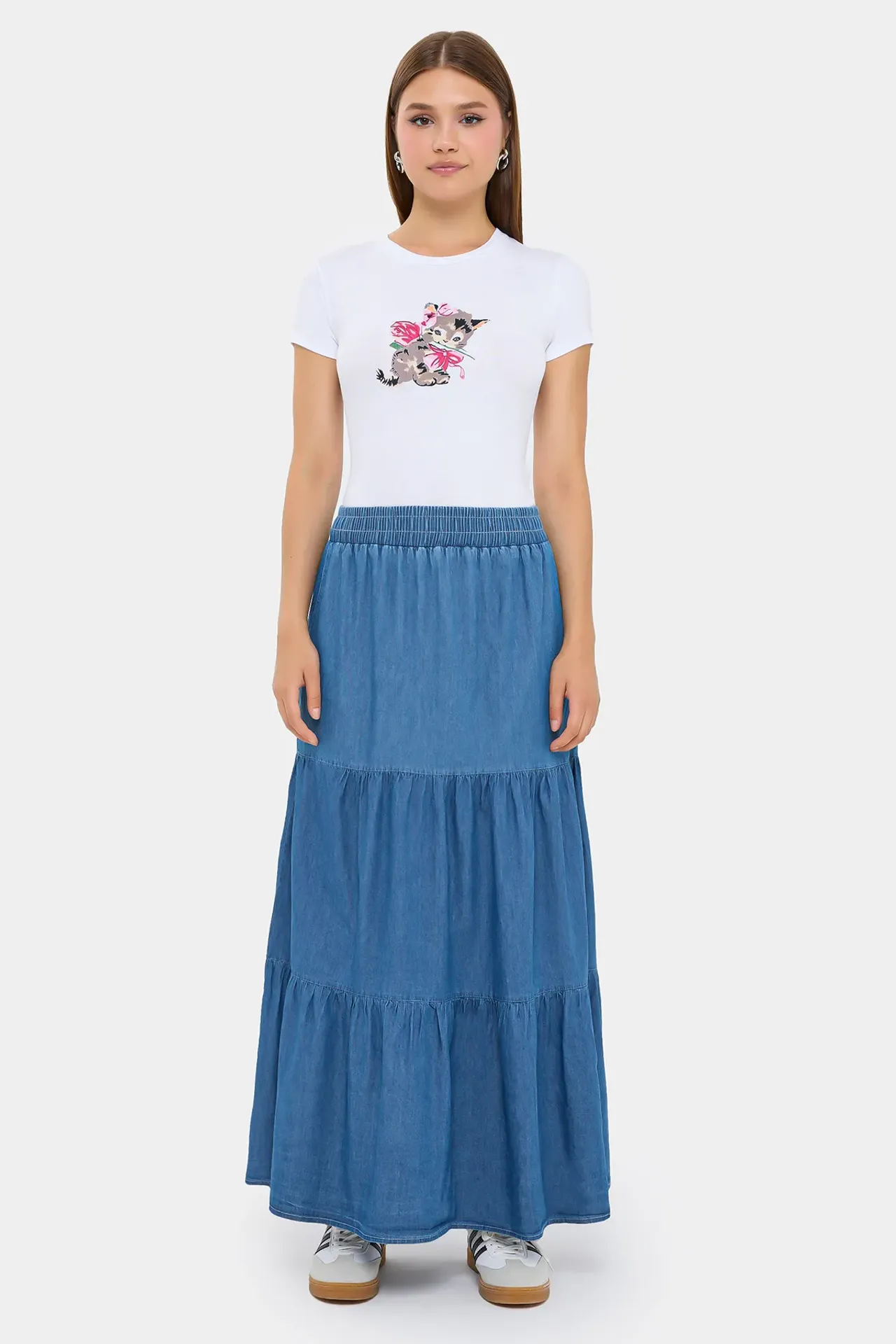 Denim-Look Maxi Skirt with Tiered Elastic Waist
