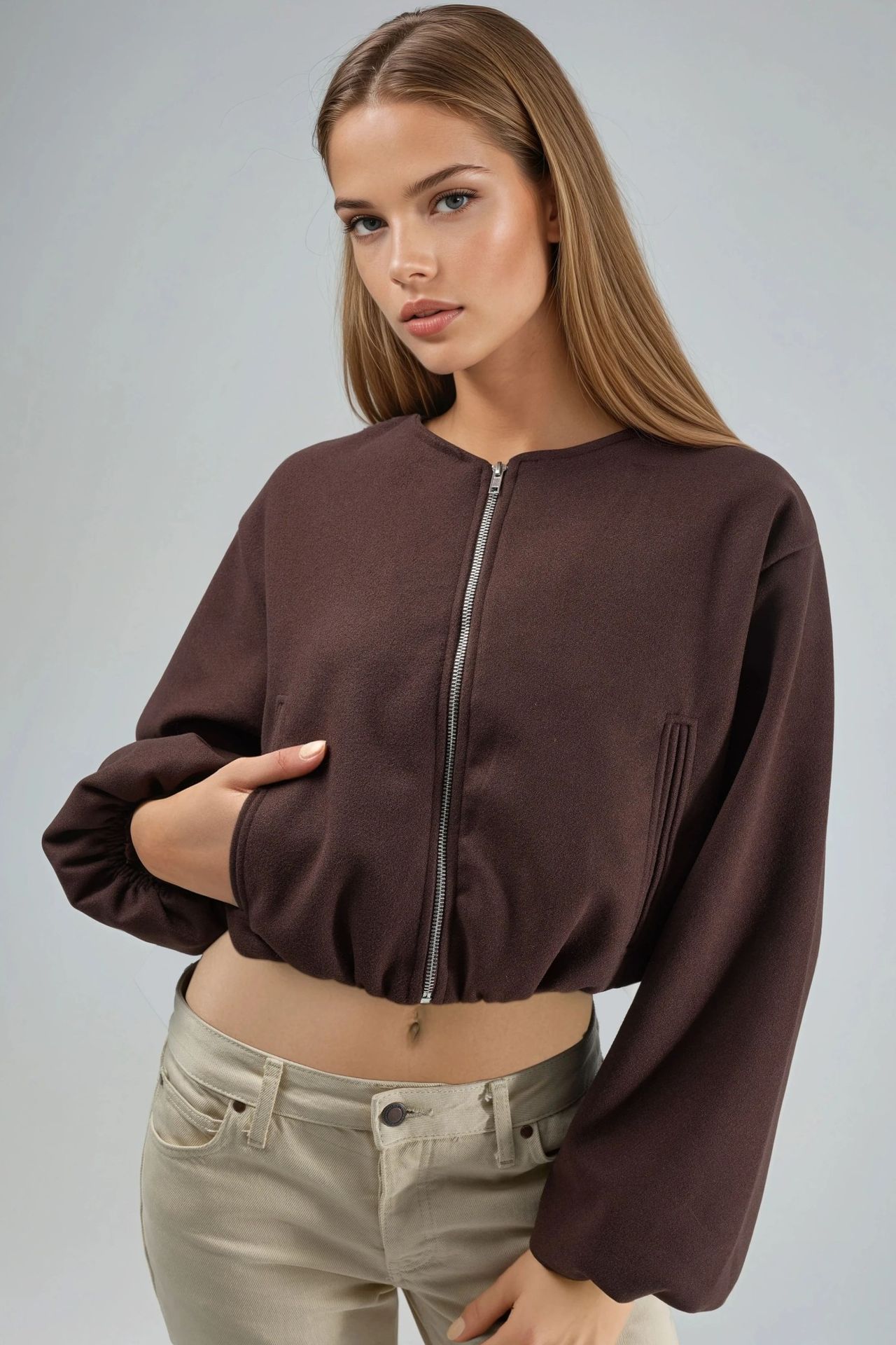 BUSEM Crop Gabardine Jacket with Zipper and Pocket 1