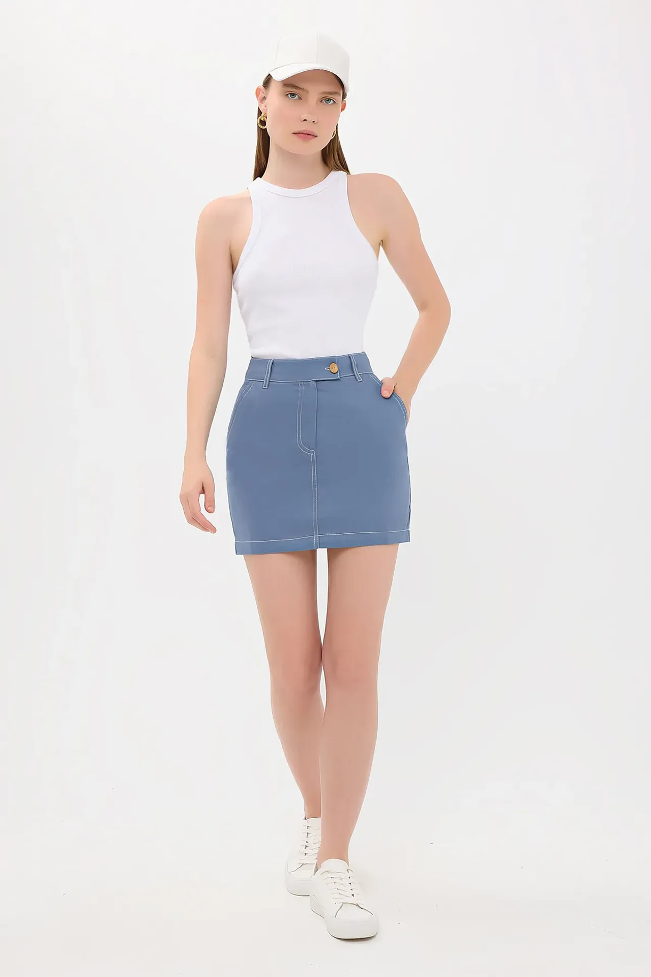 High Waist Stitch Detail Mini Skirt