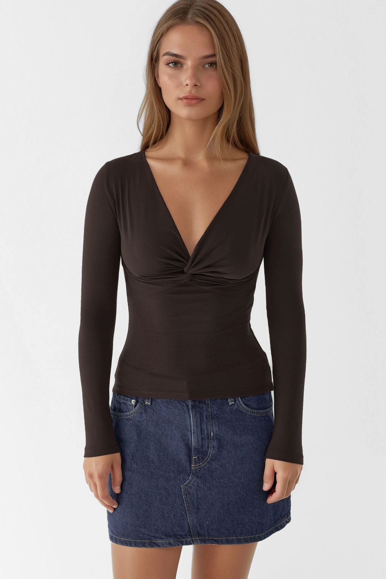 V-Neck Twist-Front Long Sleeve Top