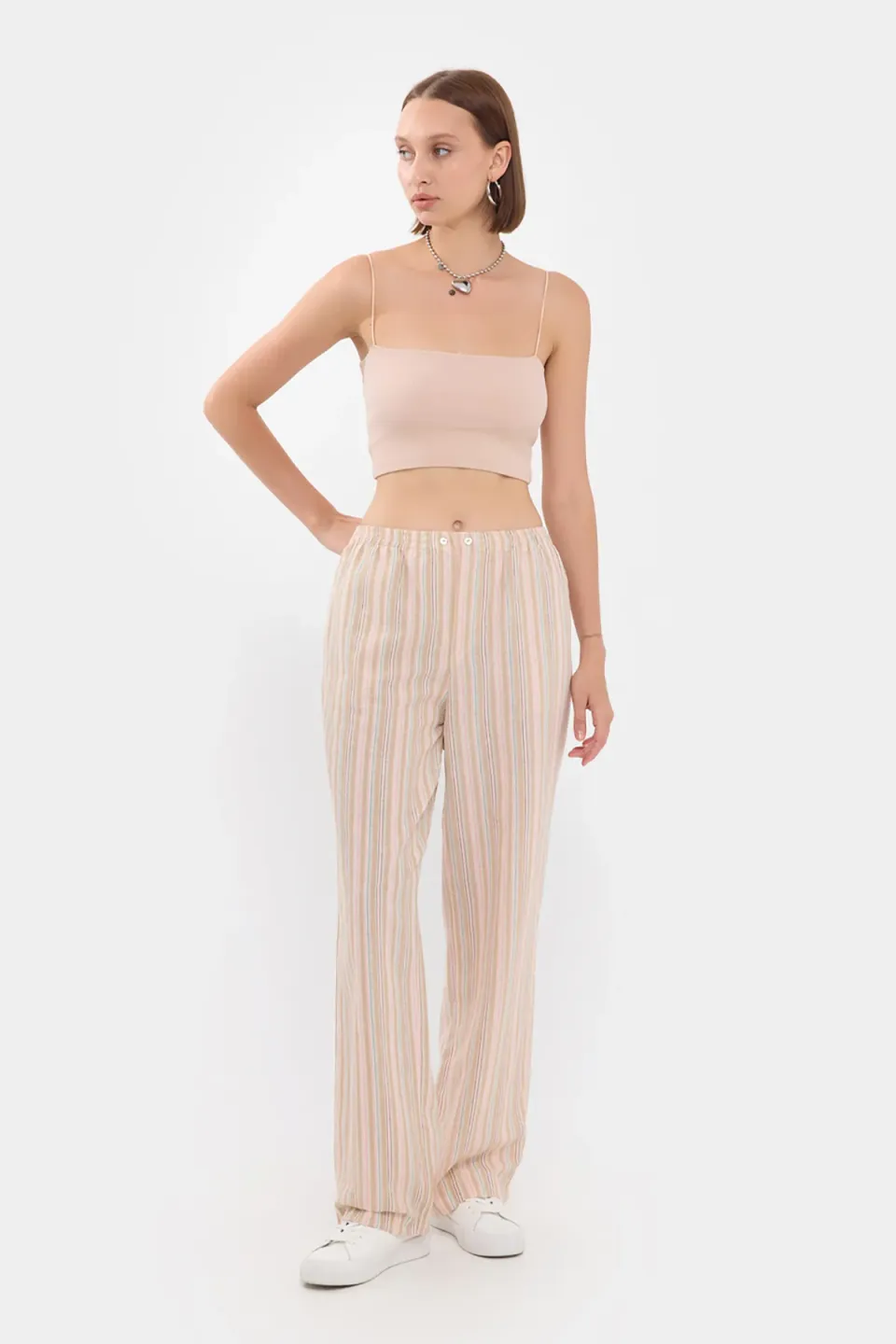 High-Waist Striped Woven Trousers with Elastic Waist and Button Detail