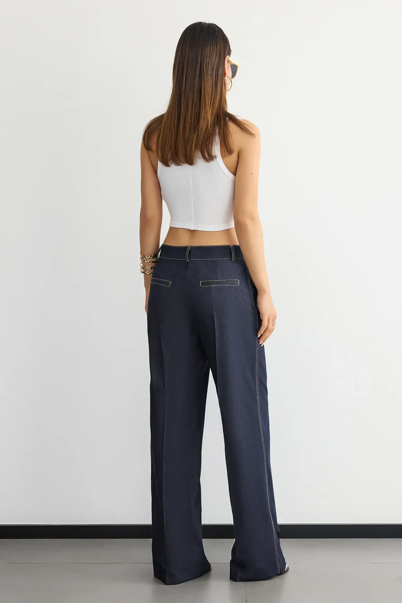 High-Waist Straight-Leg Trousers with Stitch Details