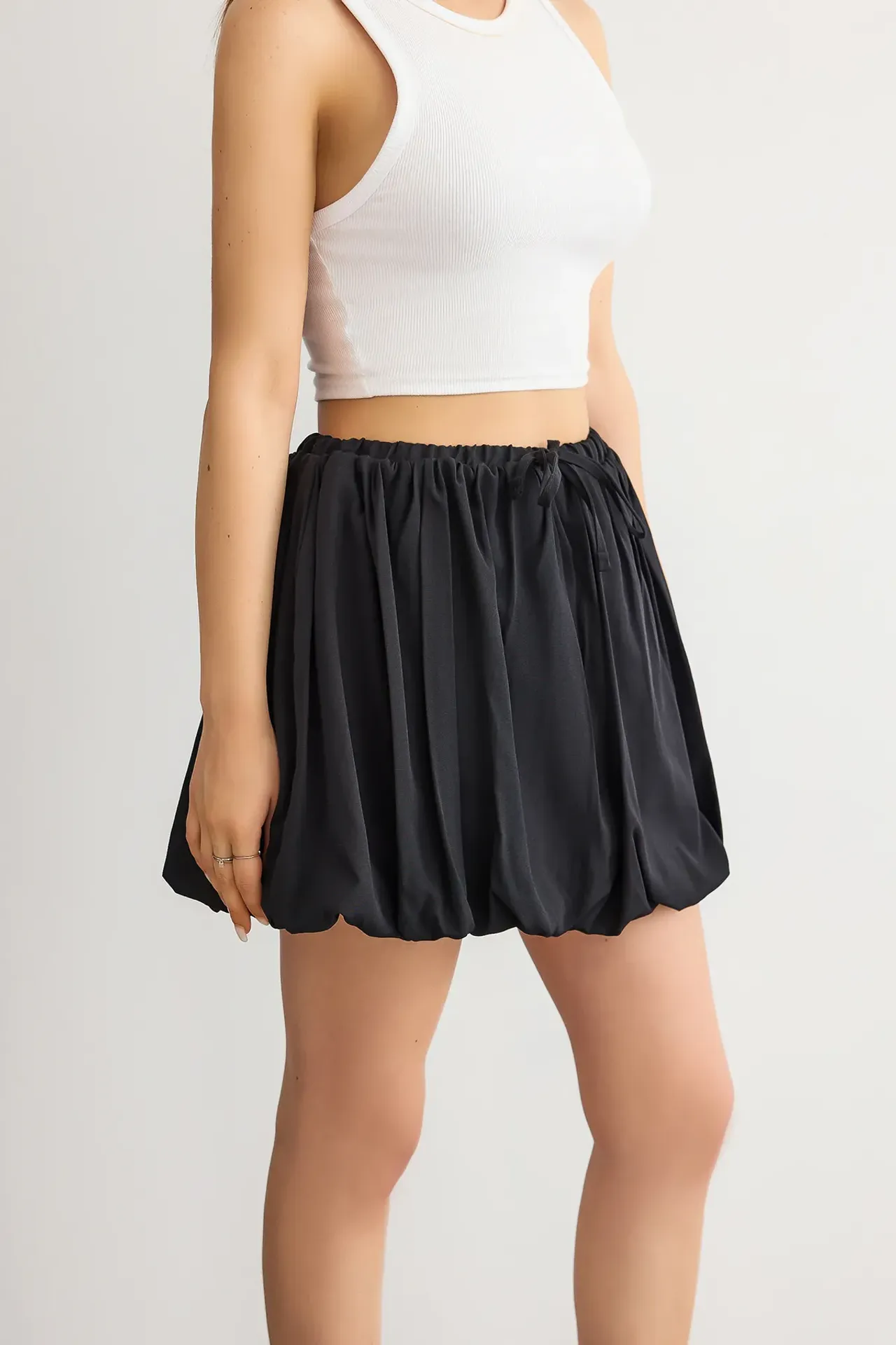 Pleated Satin Balloon Skirt with Drawstring