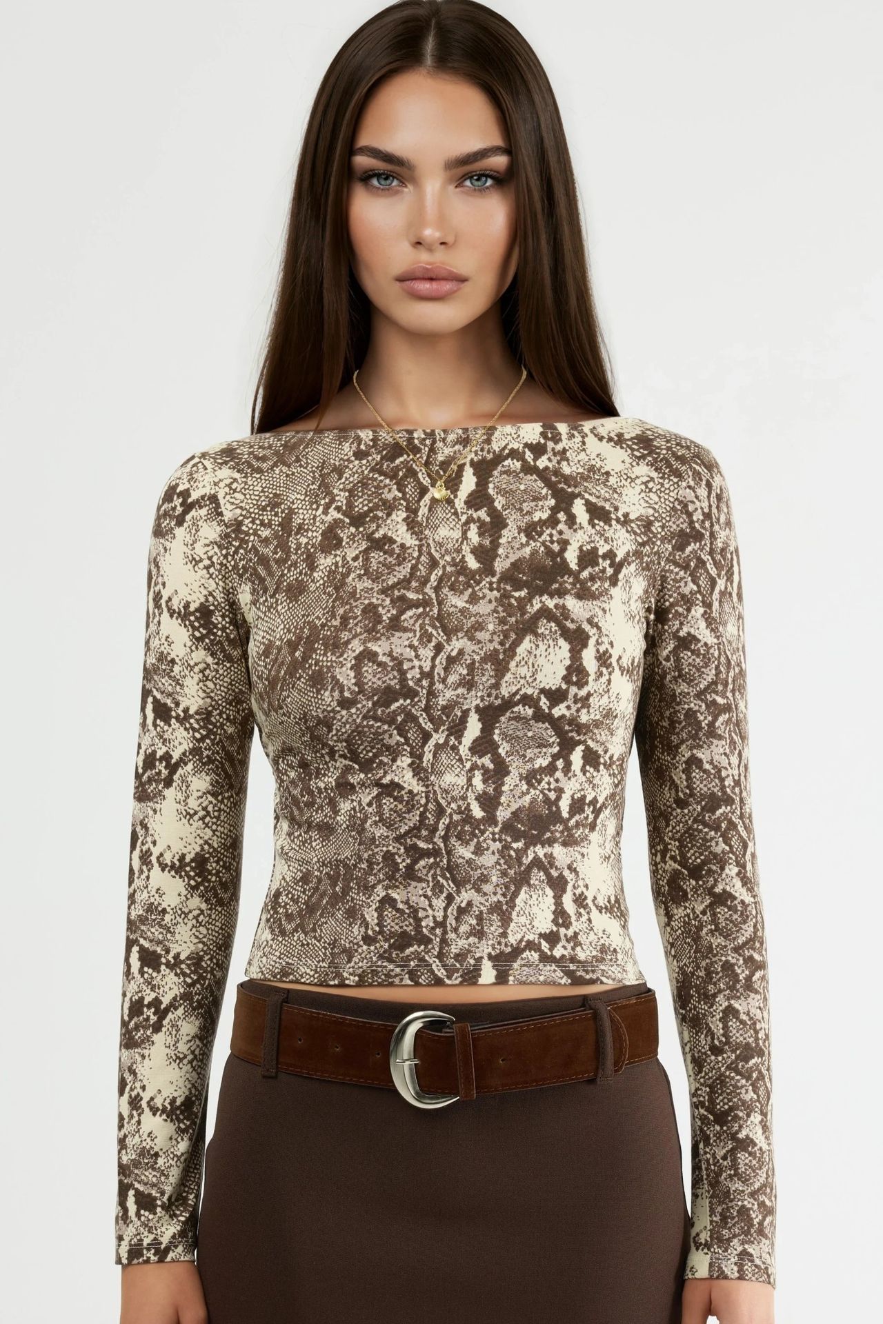 BUSEM Snake Print Boat Neck Crop Blouse 7