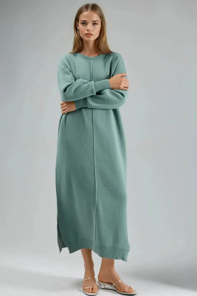 MY FASHION Maxi Ribbed Knit Dress with Crew Neck