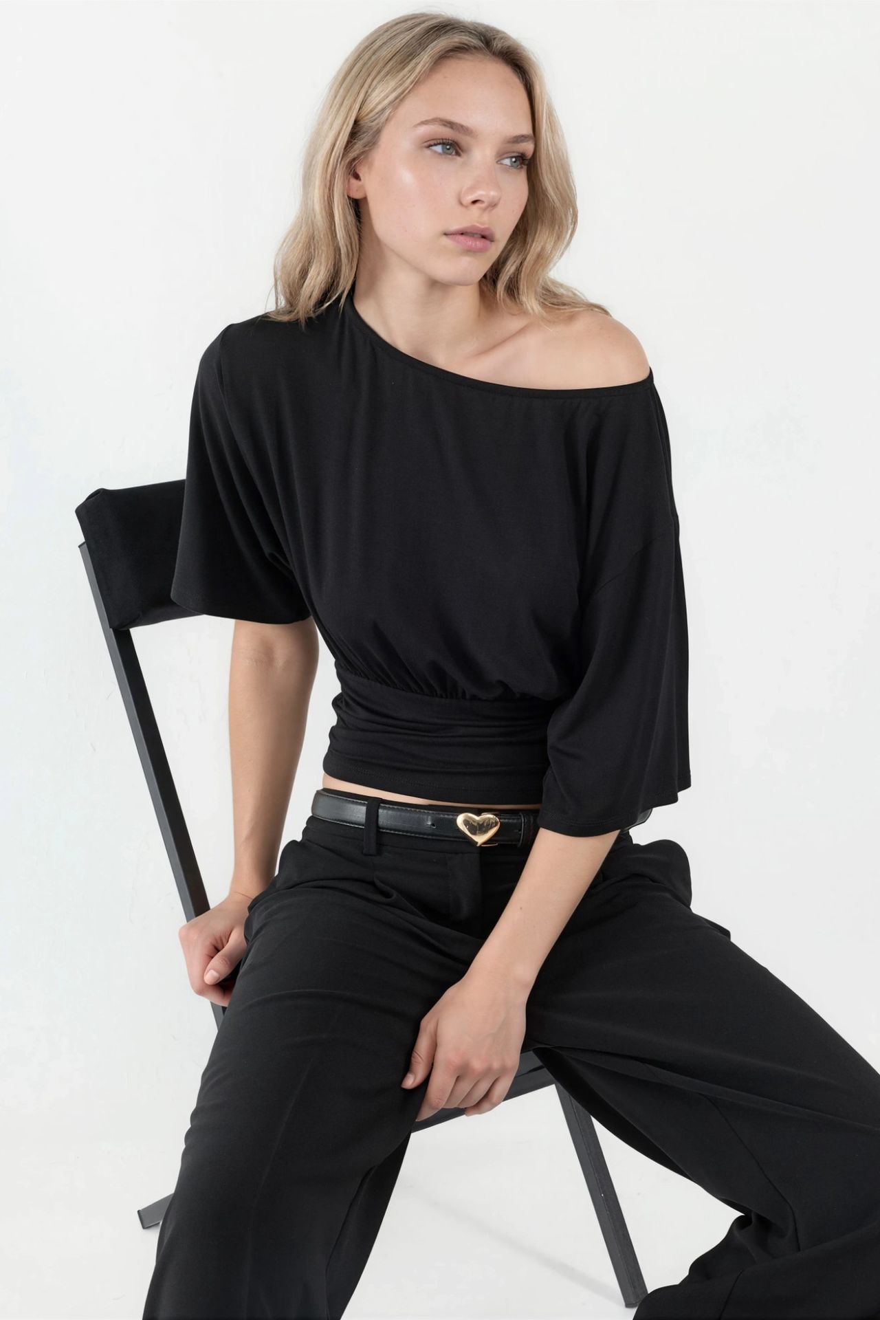 Asymmetrical Neck Soft Knit Blouse 1