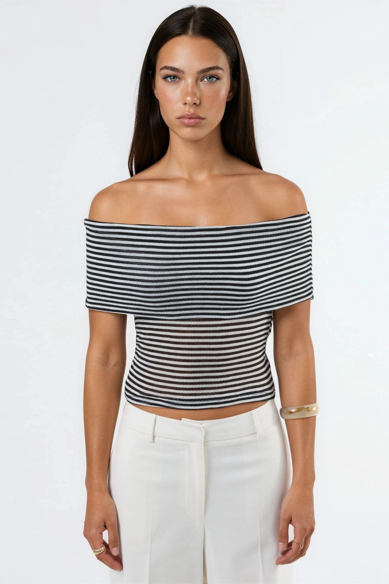 BUSEM Striped Off Shoulder Crop Blouse 6