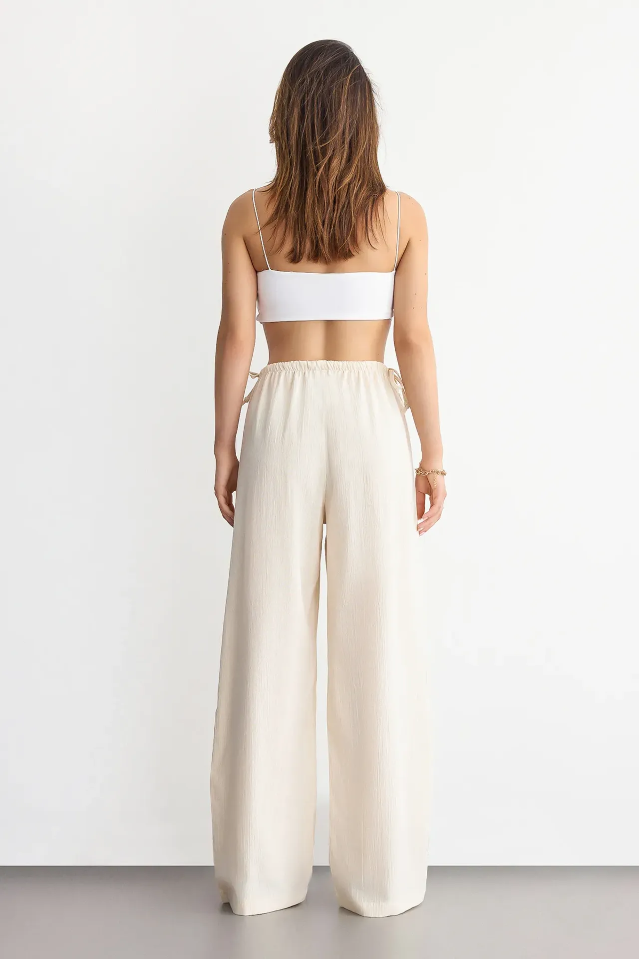 Wide-Leg Drawstring Pants with Bow and Tie-Side