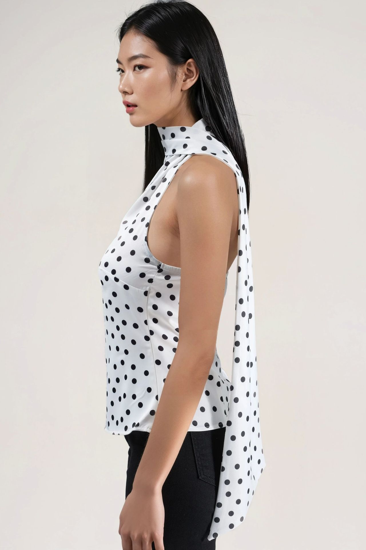 Asymmetrical Collar Polka Dot Satin Blouse 4