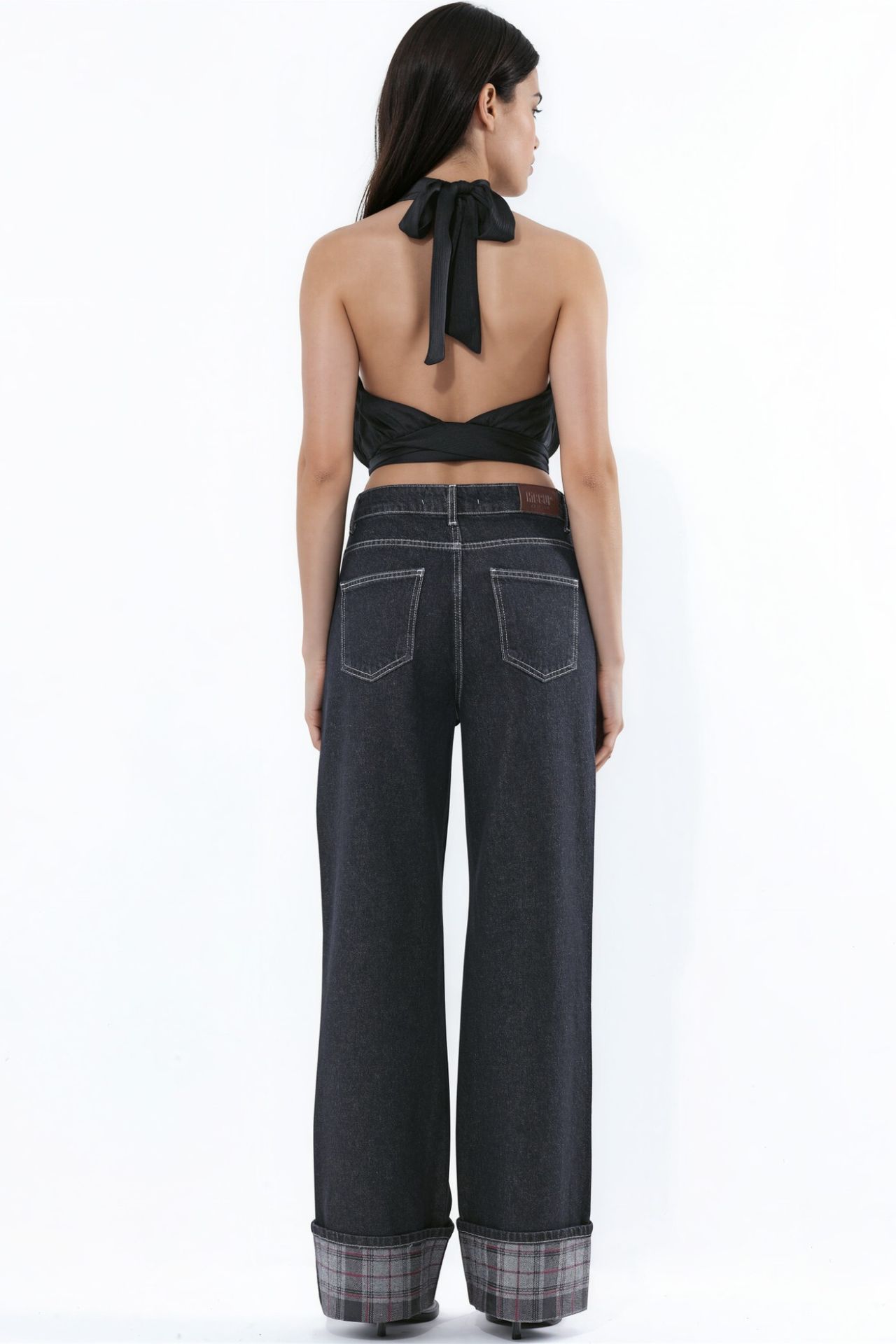 High Waist Wide Leg Jeans with Plaid Hem Detail 5
