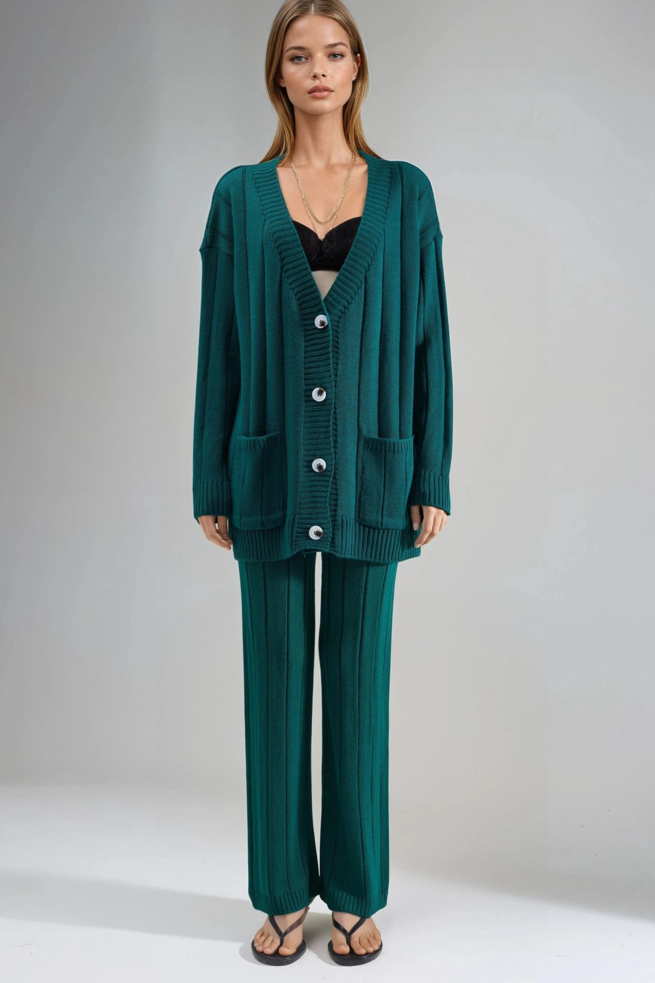 MY FASHION Textured Knit Co-ords with V-Neck Cardigan and Wide Leg Pants 5