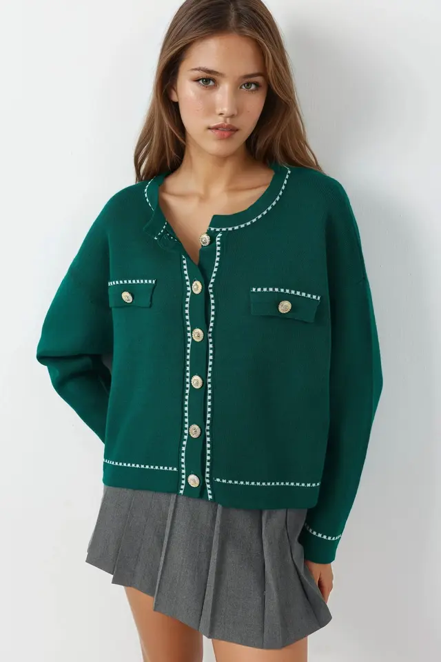 MY FASHION Ribbed Knit Cardigan with Button Closure