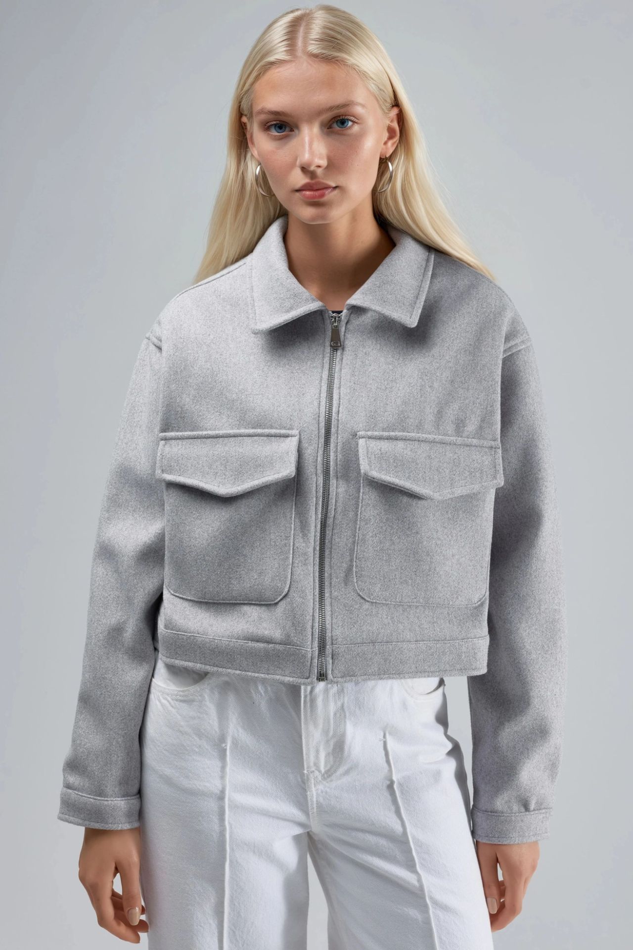 BUSEM Crop Gabardine Jacket with Zipper and Pocket 1