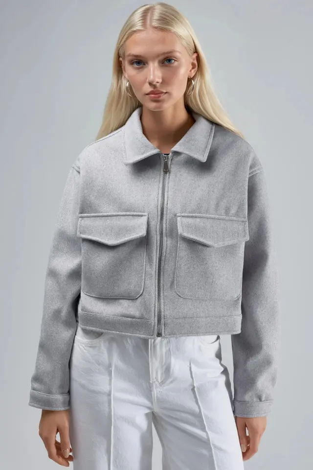 BUSEM Crop Gabardine Jacket with Zipper and Pocket