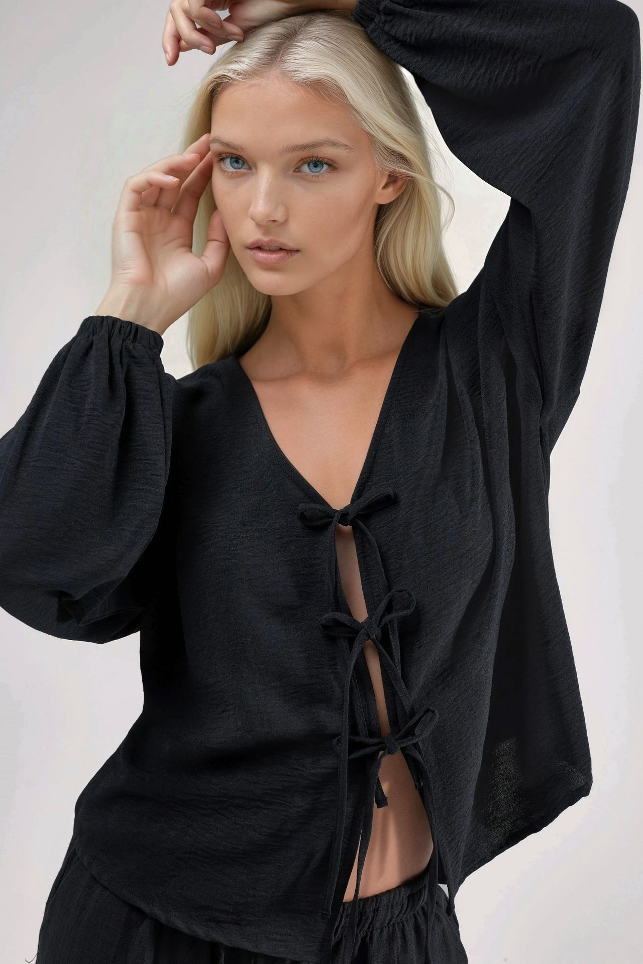 Oversized V-Neck Tie Closure Blouse 5