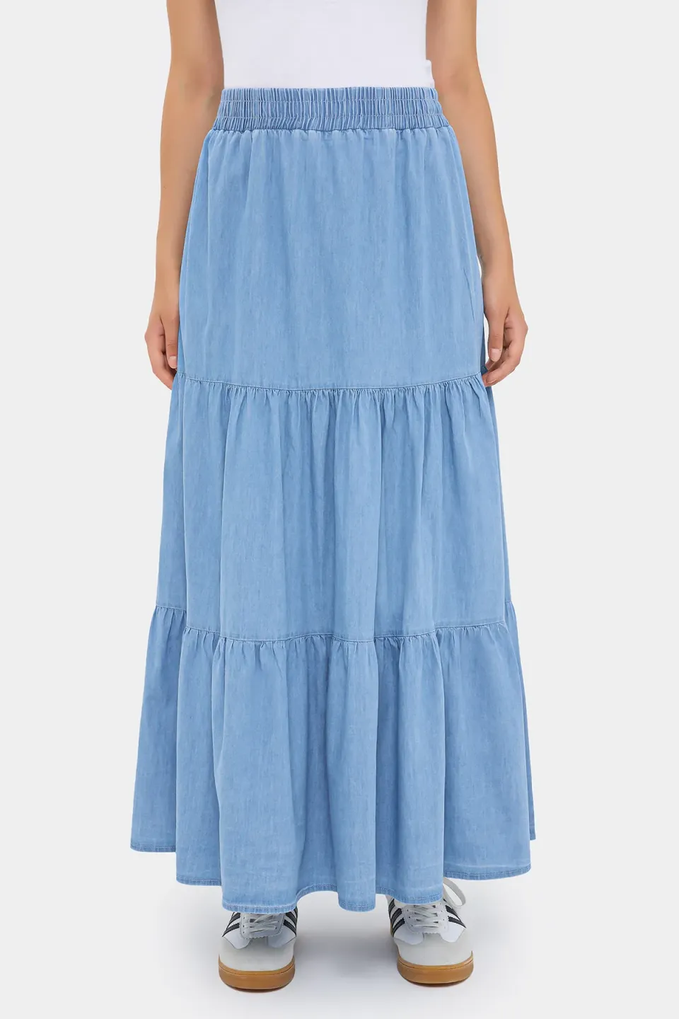 Denim-Look Maxi Skirt with Tiered Elastic Waist