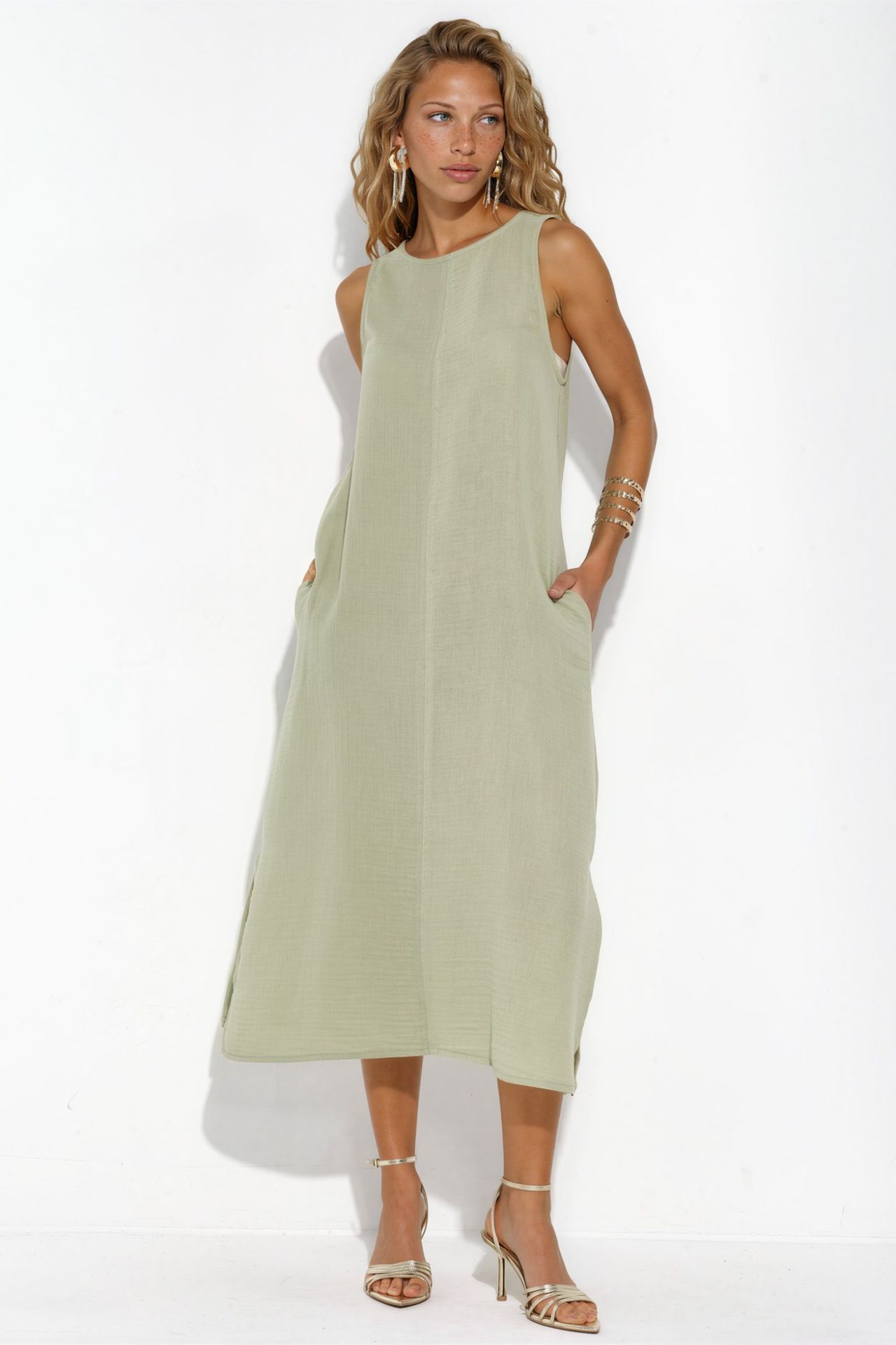 Textured Cotton Midi Beach Dress with Slit 1