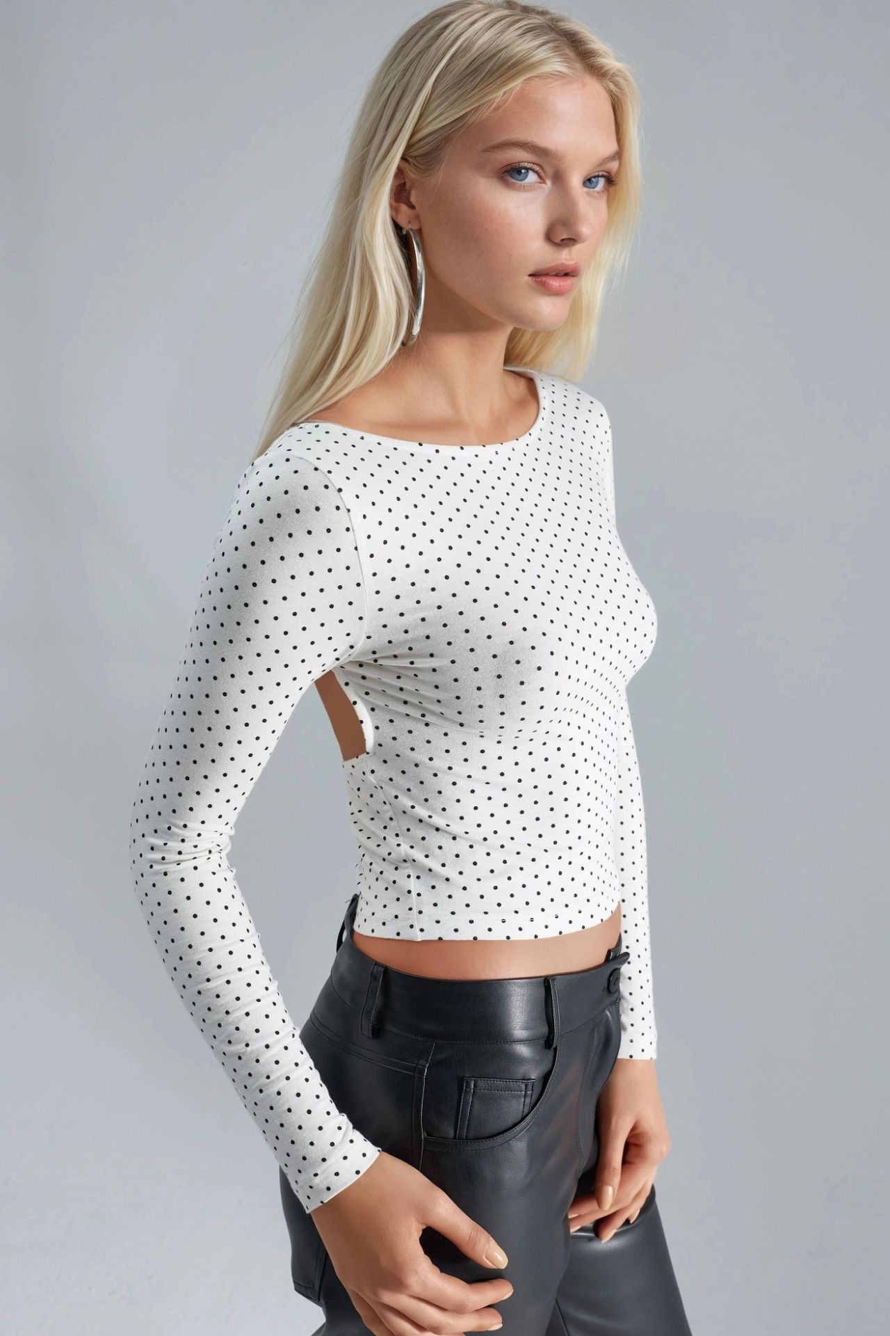 BUSEM Polka Dot Slim Fit Crop Blouse with Back Detail 2