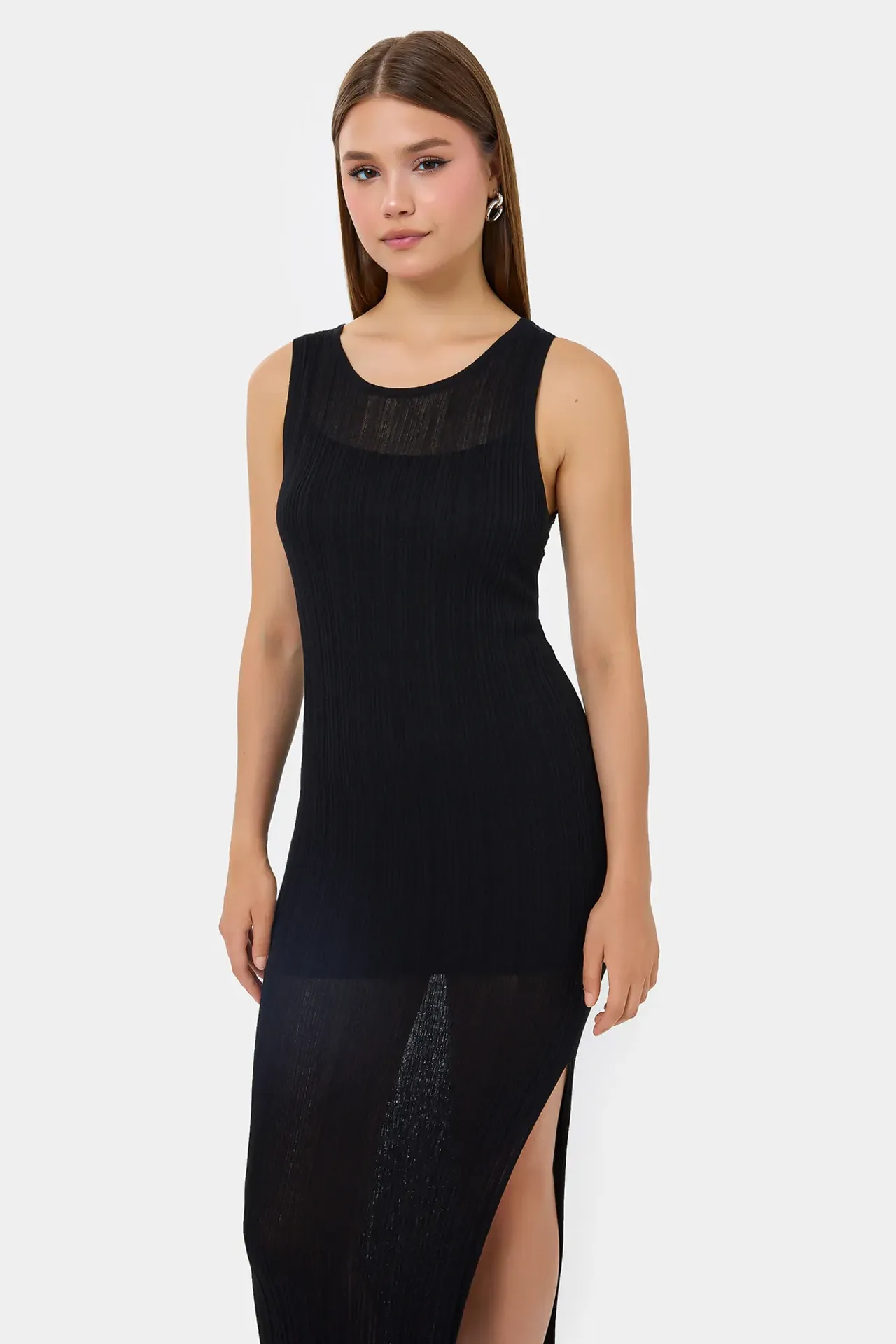 Sleeveless Knitted Textured Midi Dress with Side-Slit