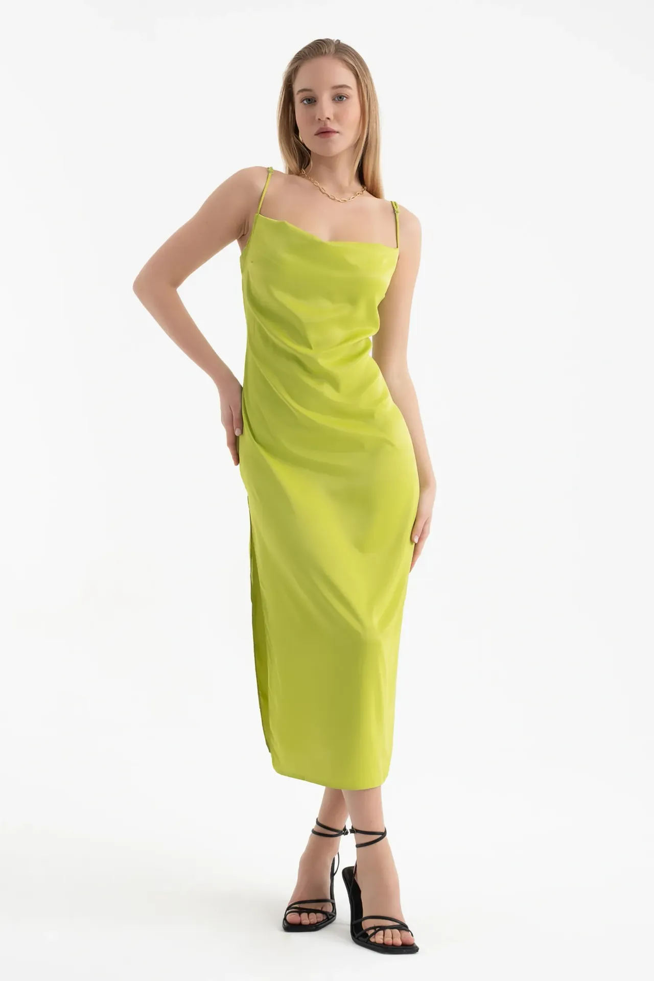 Satin Cowl Neck Strappy Slit Maxi Dress