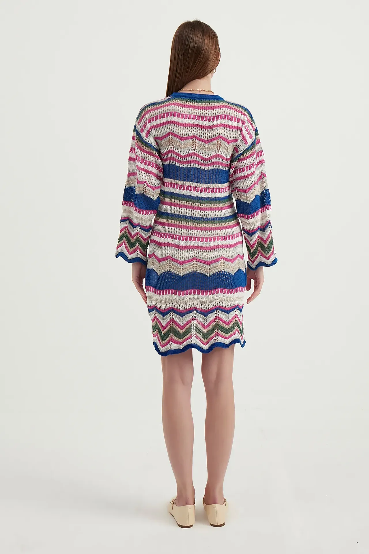 Geometric Crew Neck Crochet Bell Sleeves Mini Dress