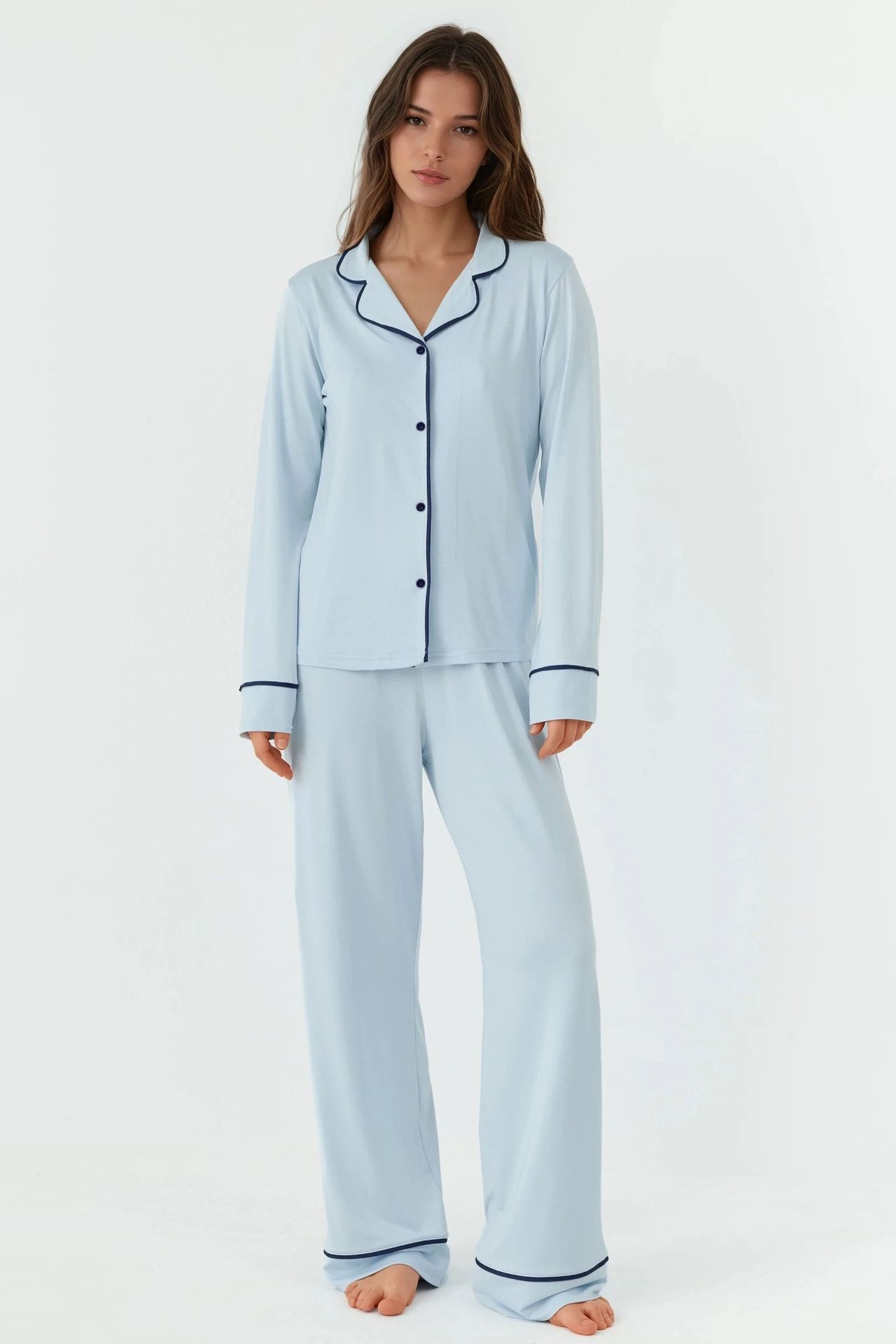 Relaxed Fit Long Sleeve Extra Soft Touch Pajama Set with Shirt Collar 1