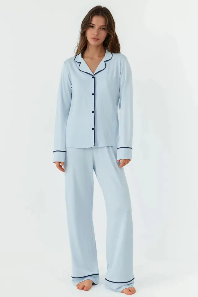 Relaxed Fit Long Sleeve Extra Soft Touch Pajama Set with Shirt Collar