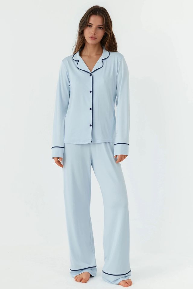 Relaxed Fit Long Sleeve Extra Soft Touch Pajama Set with Shirt Collar