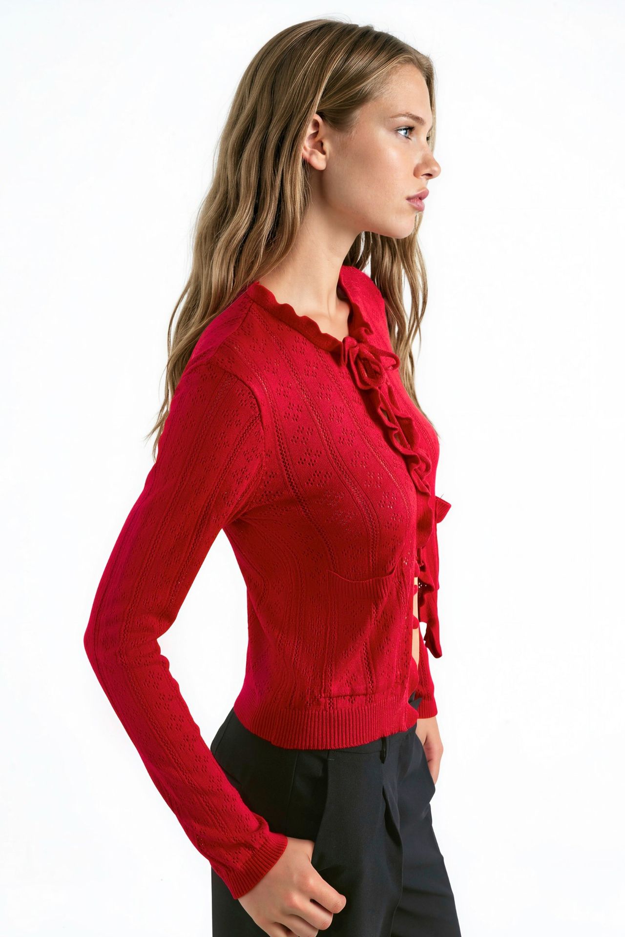 Ruffled Openwork Knit Cardigan with Special Yarn 3