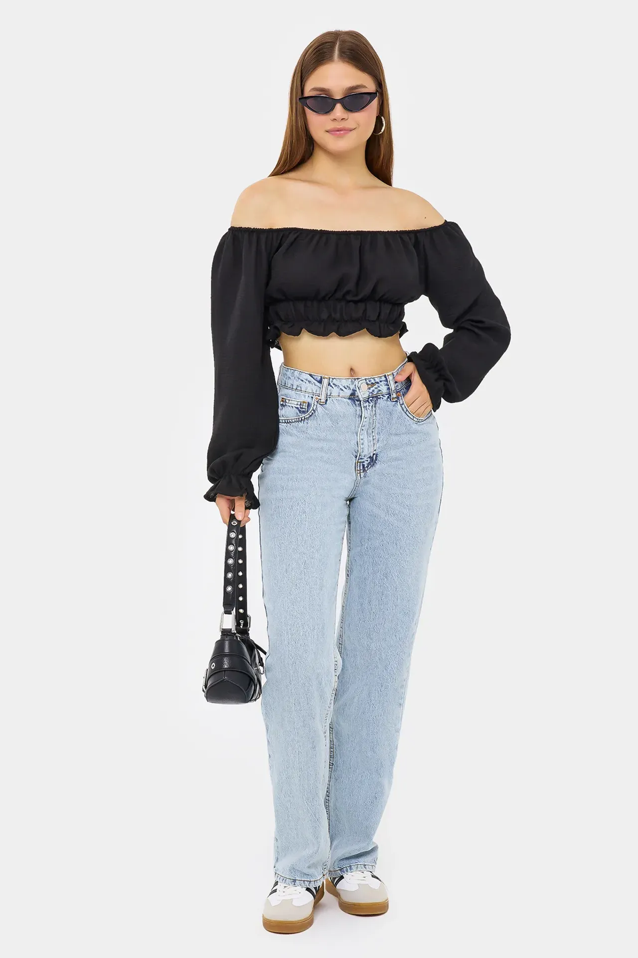 Off-Shoulder Linen Cropped Top with Long Sleeves and Ruffle Detail