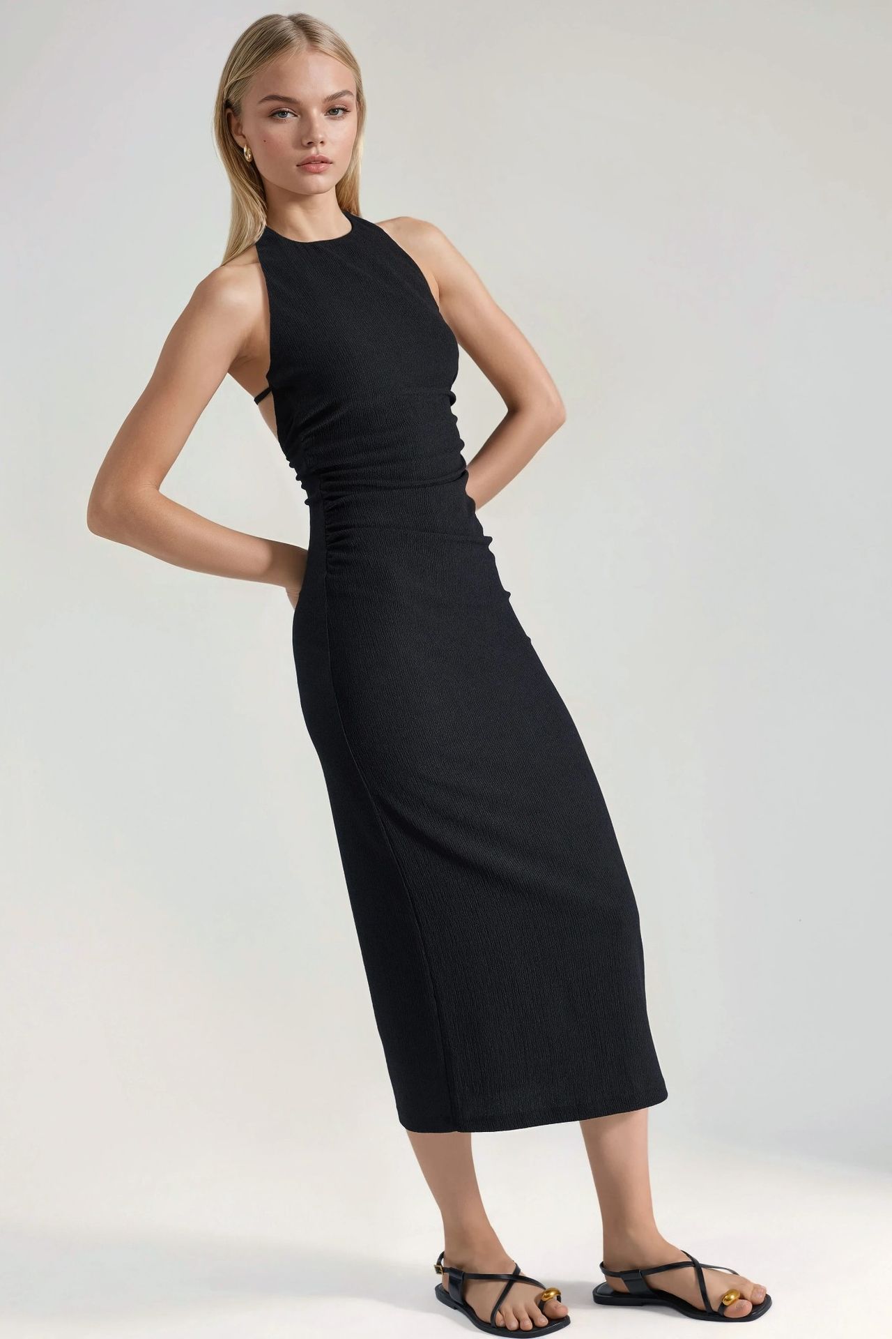 Textured Midi Bodycon Dress with Halter Collar 6