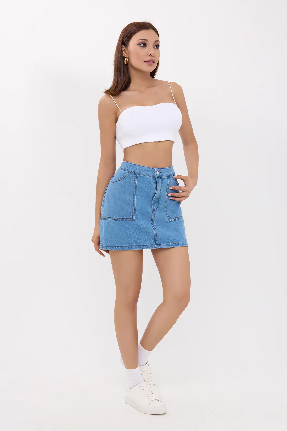 High Waist Denim Mini Skirt with Patch Pockets 3