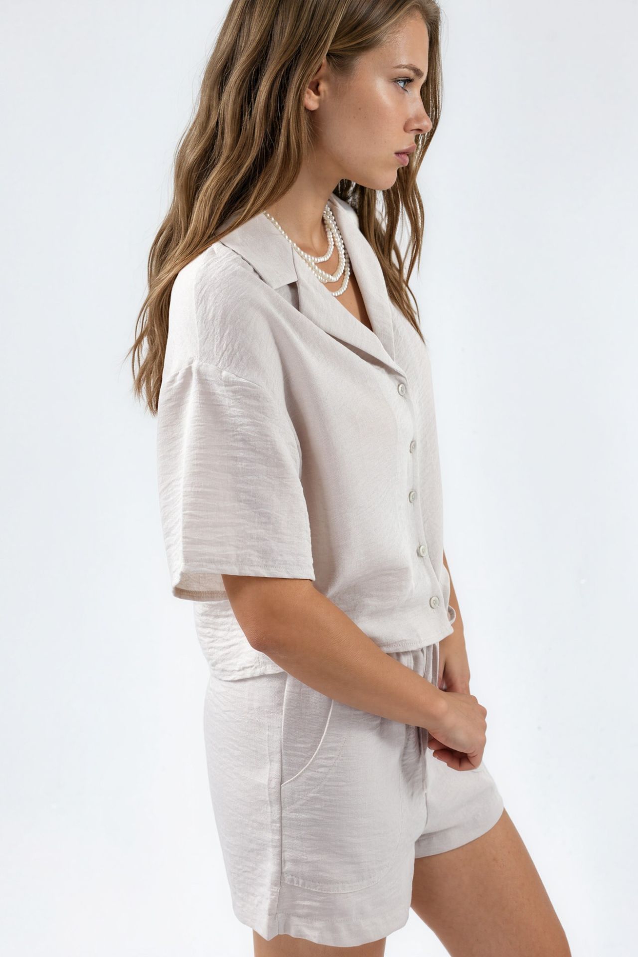 BUSEM Textured Crop Shirt with Button Closure 2